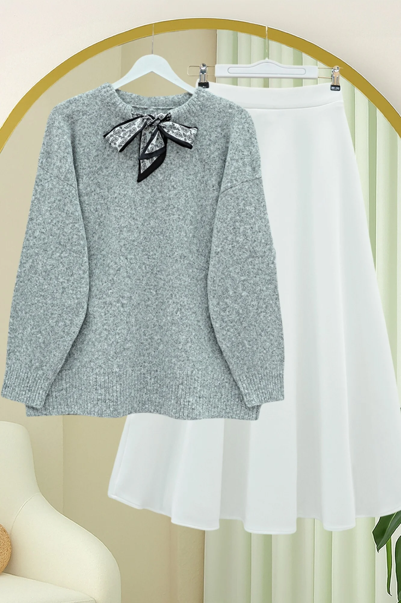 Scarf Collar Detail Soft Knit Sweater - Grey - Podyumplus - by Peralane