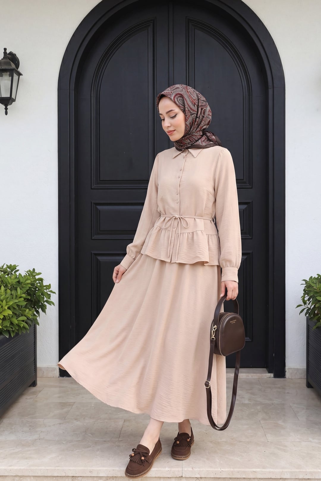 Beige Ruchted Blouse and Skirt Modest Set - Podyumplus - by Peralane - photo 2