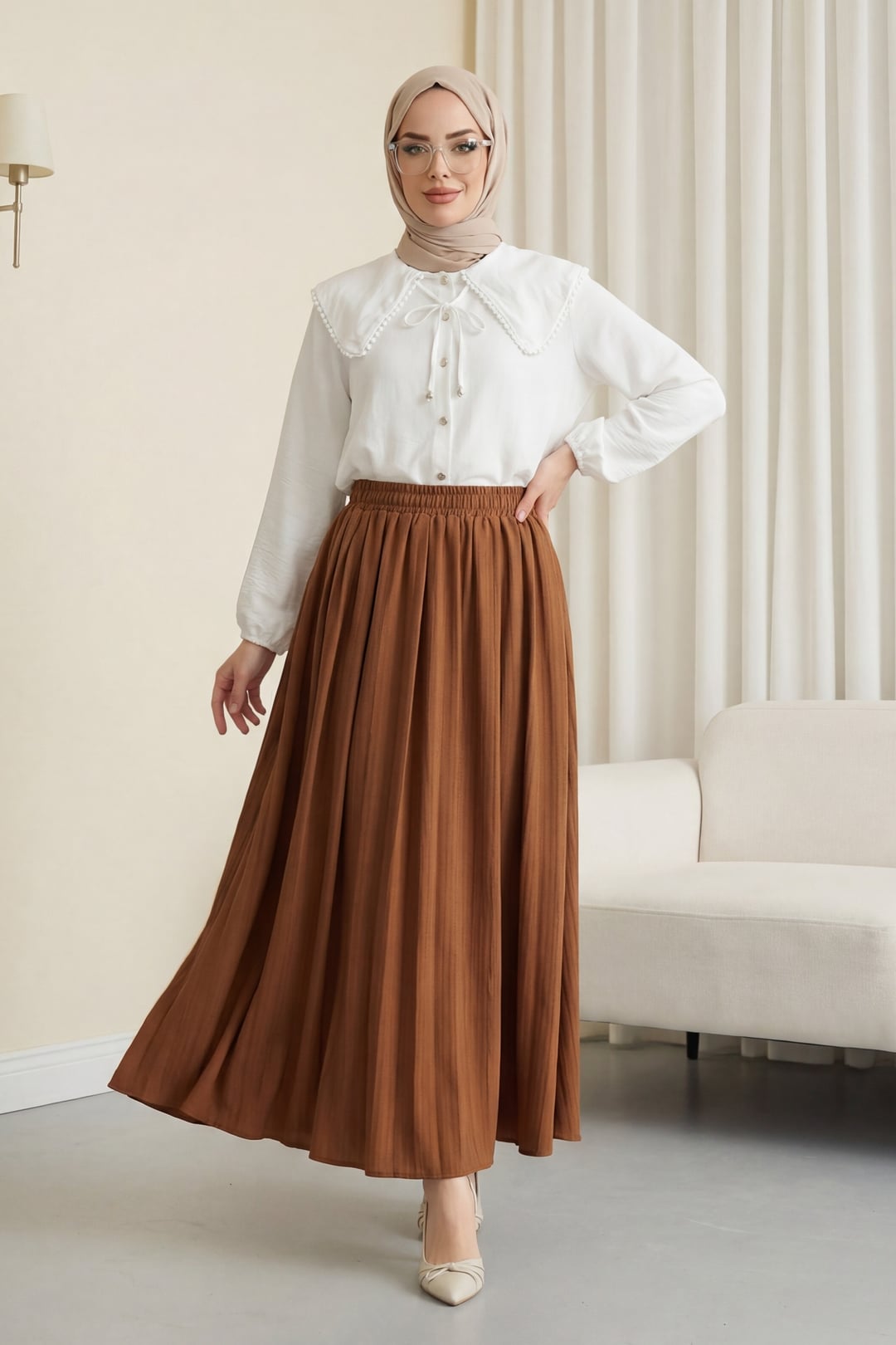 Elasticated Waist Long Pleated Skirt - Tan - Podyumplus - by Peralane - photo 2