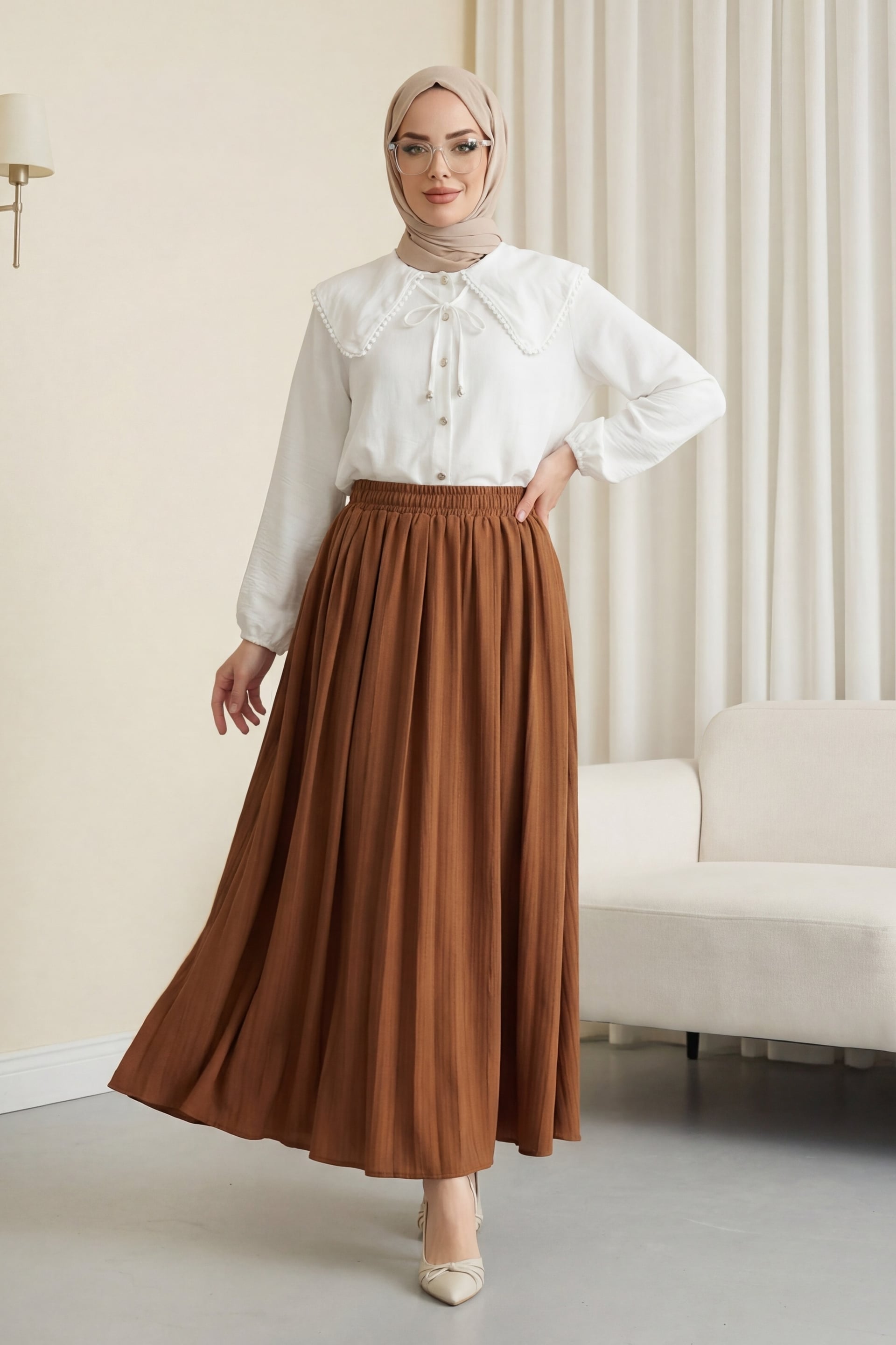 Elasticated Waist Long Pleated Skirt - Tan - Podyumplus - by Peralane - photo 2