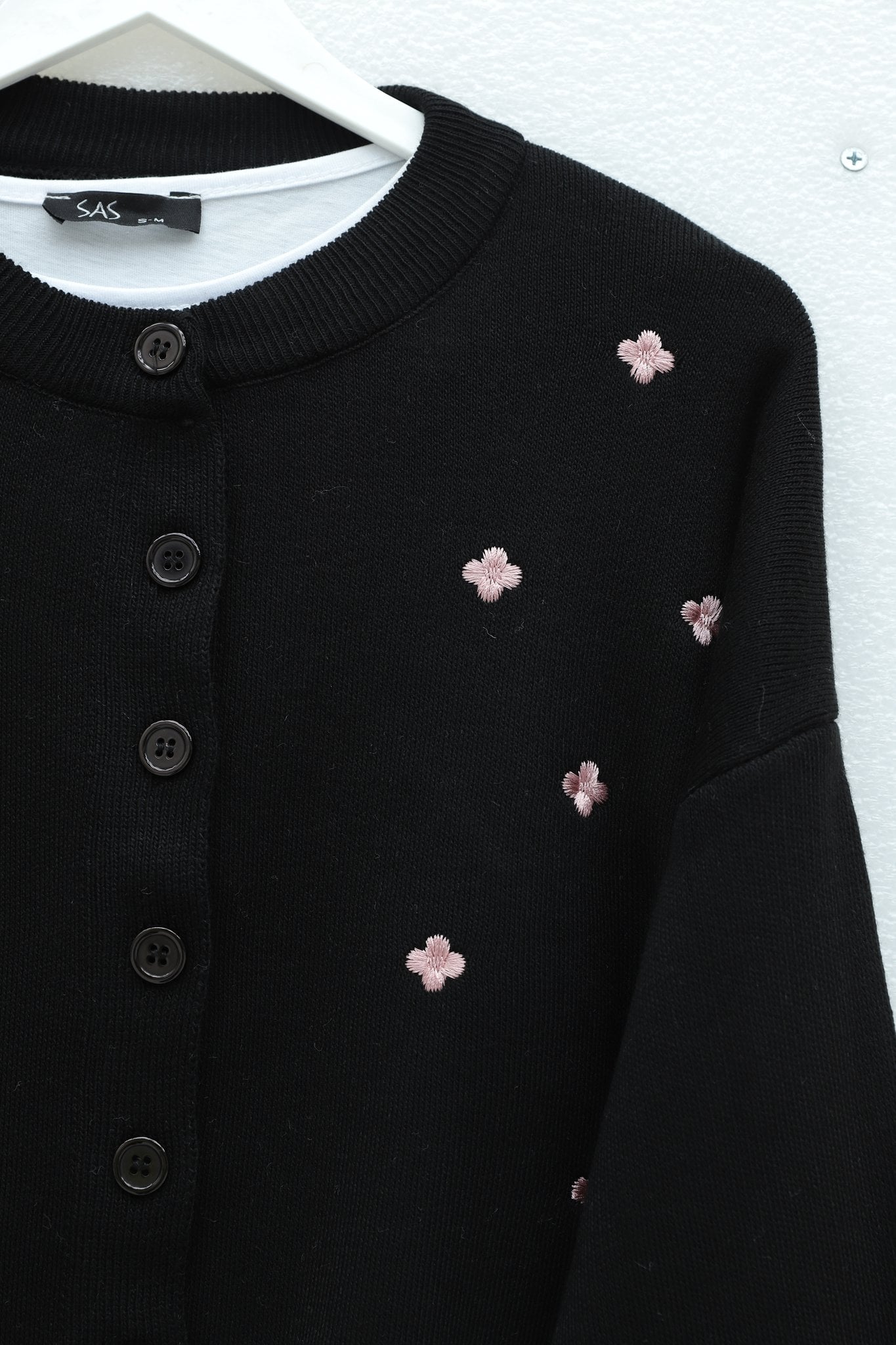 Black Oversize Knit Cardigan with Scattered Floral Embroidery - Women's - Podyumplus - by Peralane - photo 6
