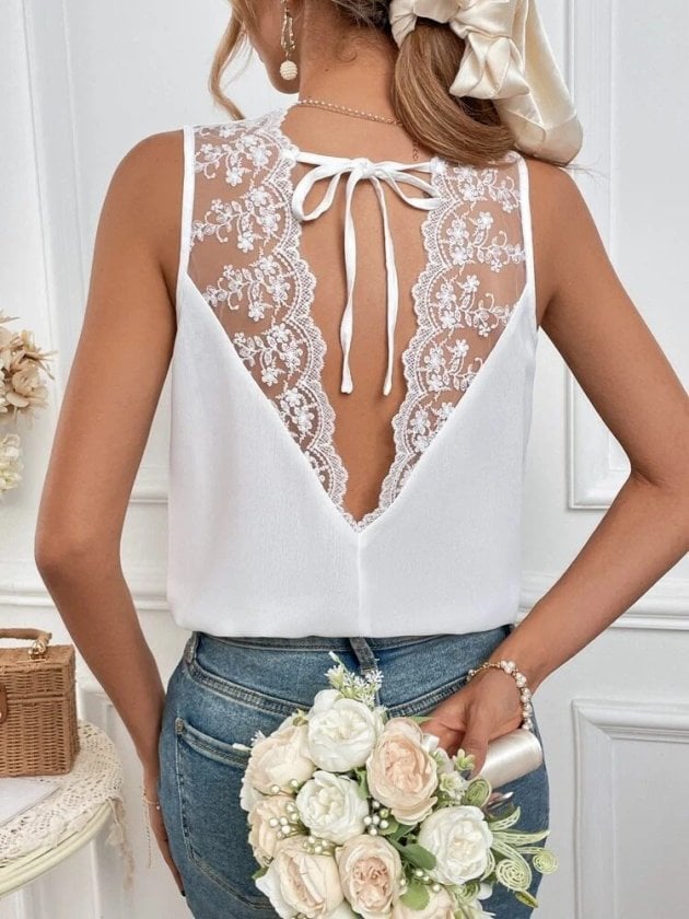 Women's Sleeveless V-Neck Lace Trim Blouse with Back Lace-Up Detail - Janes - by Peralane - photo 4