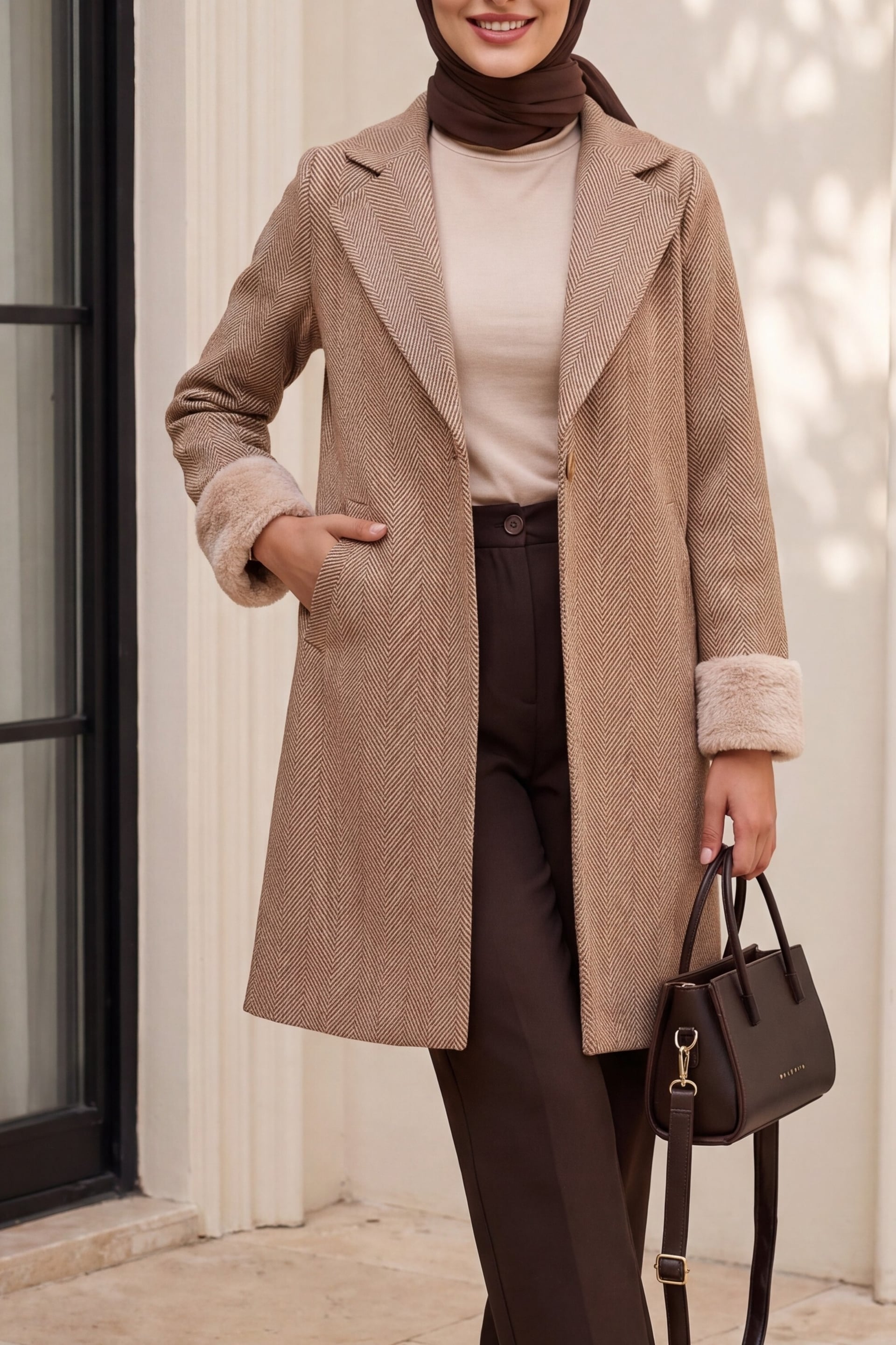 Women's Herringbone Faux Fur Trim Coat - Camel - Bigdart - by Peralane