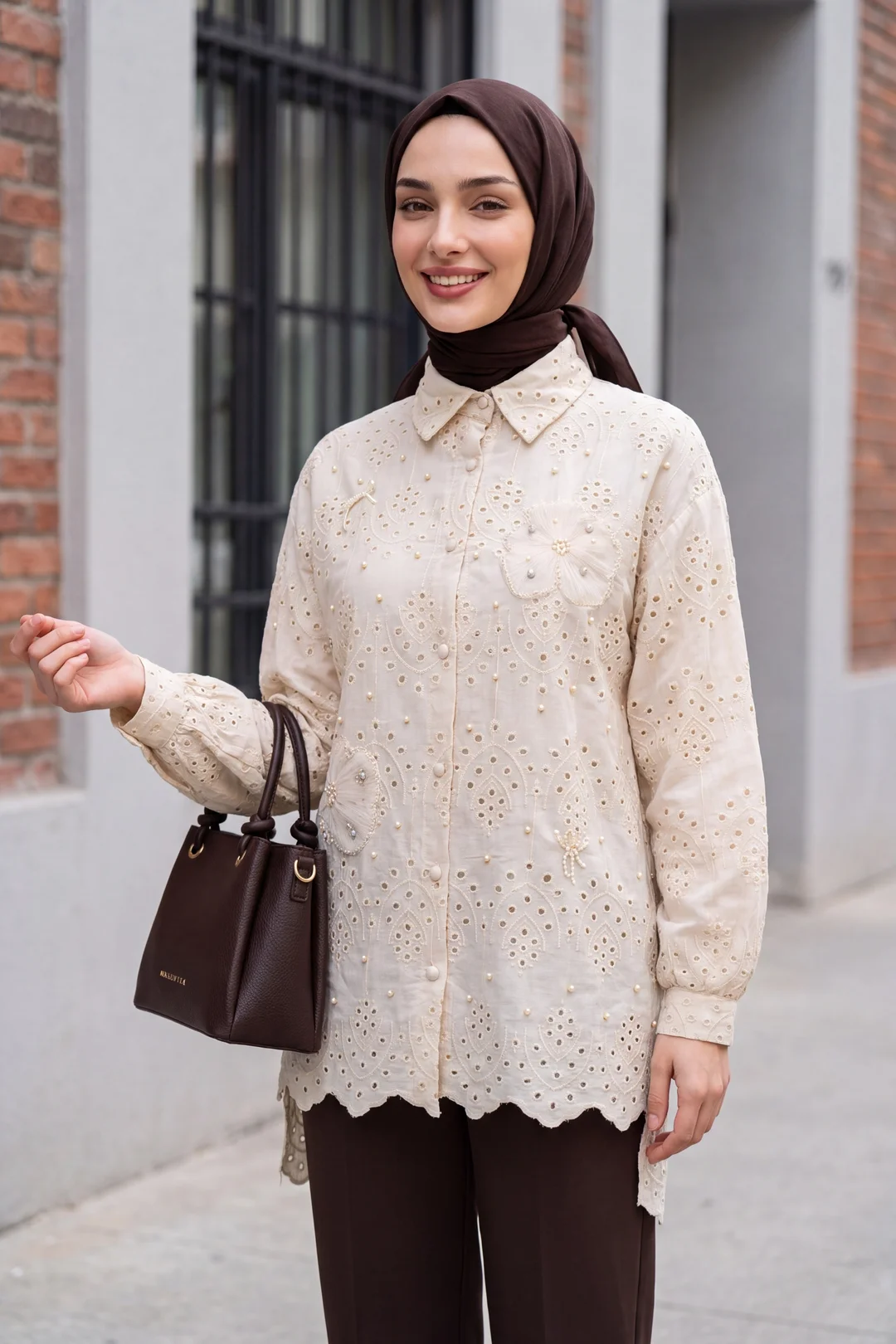 Organza Tulle Detail Pearl Button Long Back Scalloped Tunic - Beige - Podyumplus - by Peralane