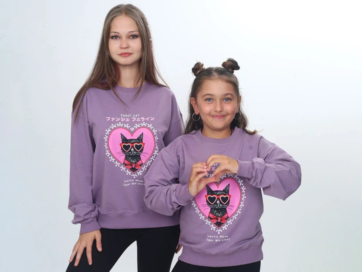 Girls' Lavender Cat Print Sweatshirt - Vizviz - by Peralane