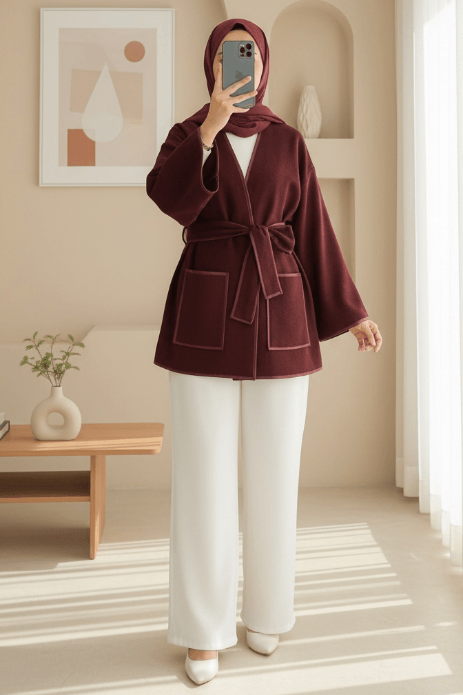 Piped Detail Double Pocket Belted Cashmere Kimono - Bordeaux - Podyumplus - by Peralane