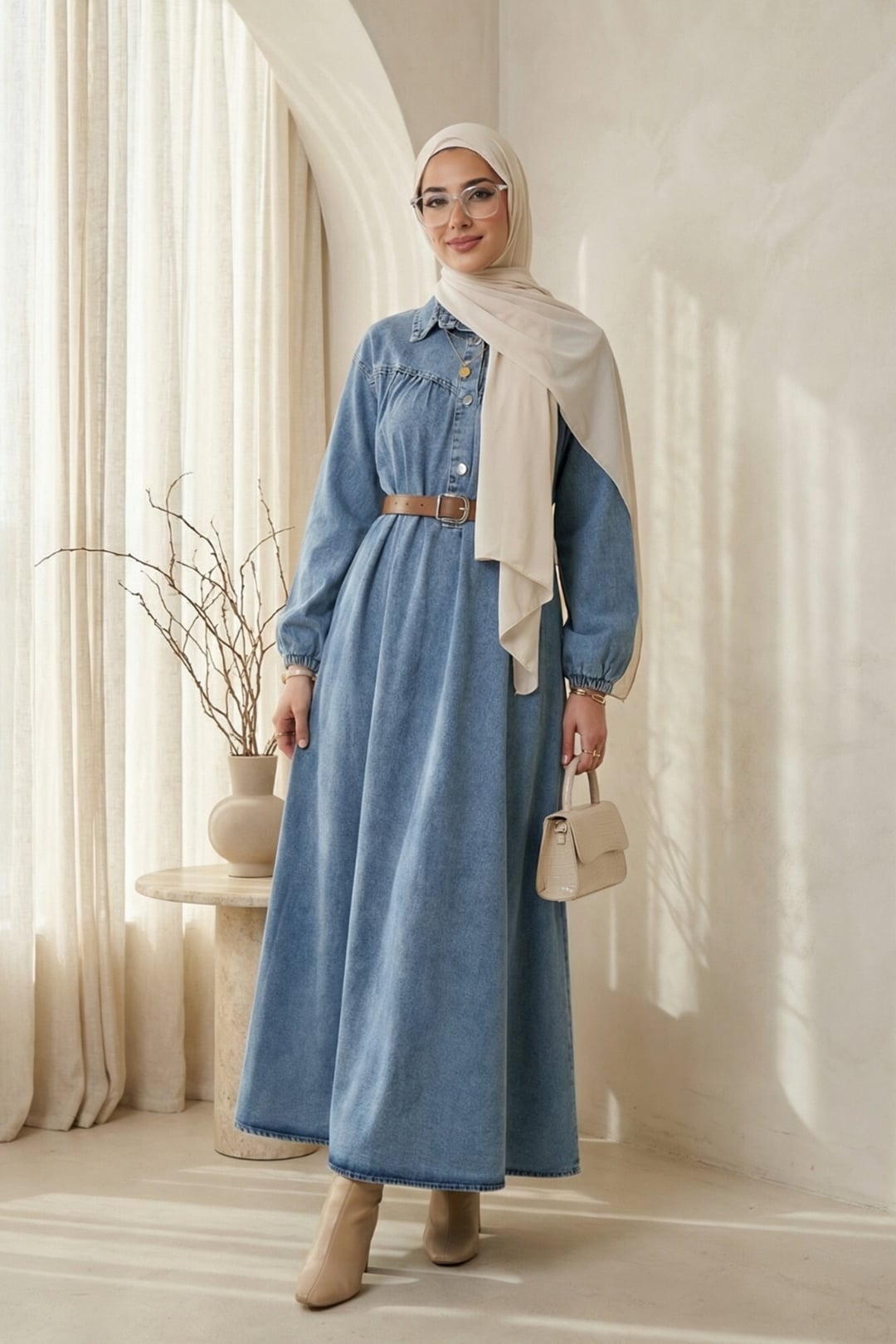Half Button Denim Dress with Elasticated Sleeves and Belt - Light Blue - Podyumplus - by Peralane - photo 5