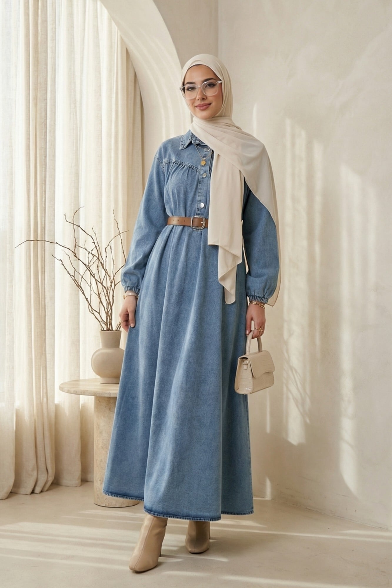 Half Button Denim Dress with Elasticated Sleeves and Belt - Light Blue - Podyumplus - by Peralane - photo 5