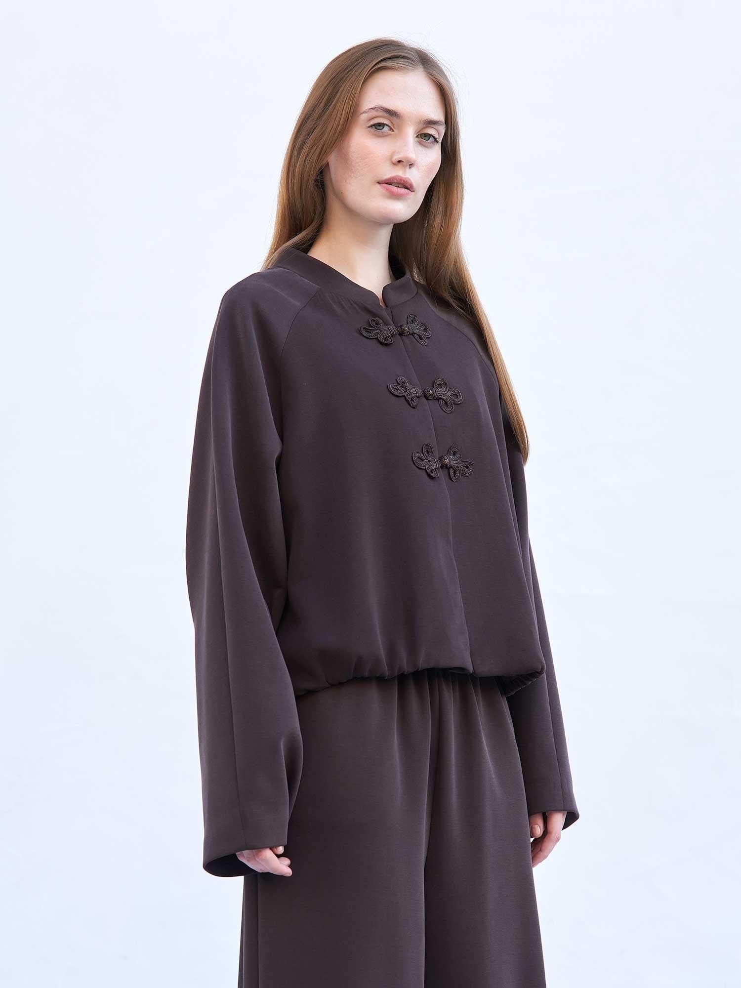 Women's Dark Brown Knit Lounge Set with Mandarin Collar Jacket and Wide-Leg Trousers - Lefon - by Peralane - photo 5