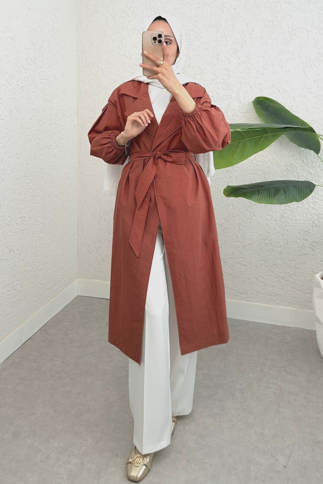 Rust Trench Coat with Elastic Cuffs and Belt for Women - Podyumplus - by Peralane - photo 5