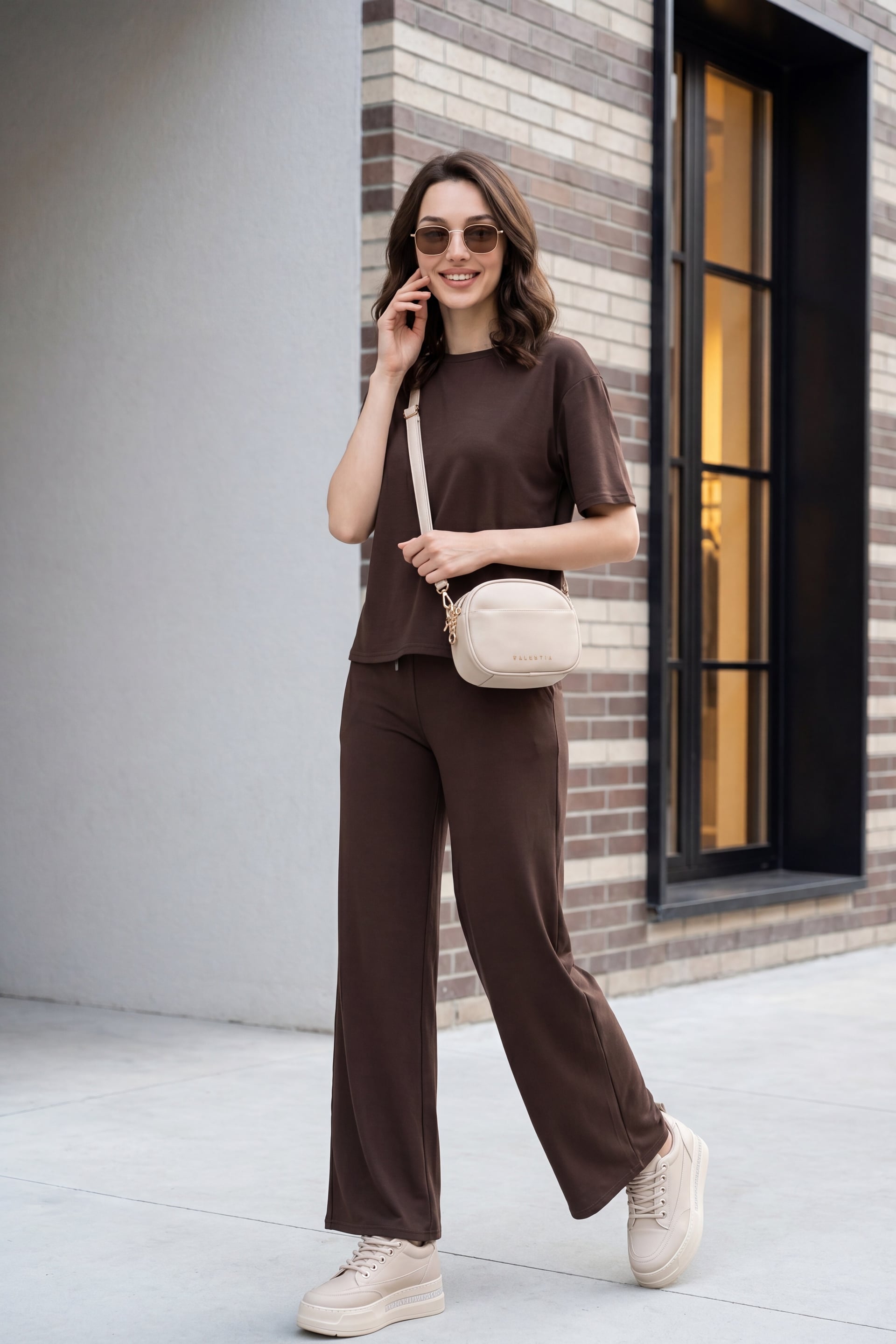 Crew Neck Short-sleeved Trousers with Pockets and Drawstring Waist, Cotton-blend Knit Set - Dark Brown - Podyumplus - by Peralane