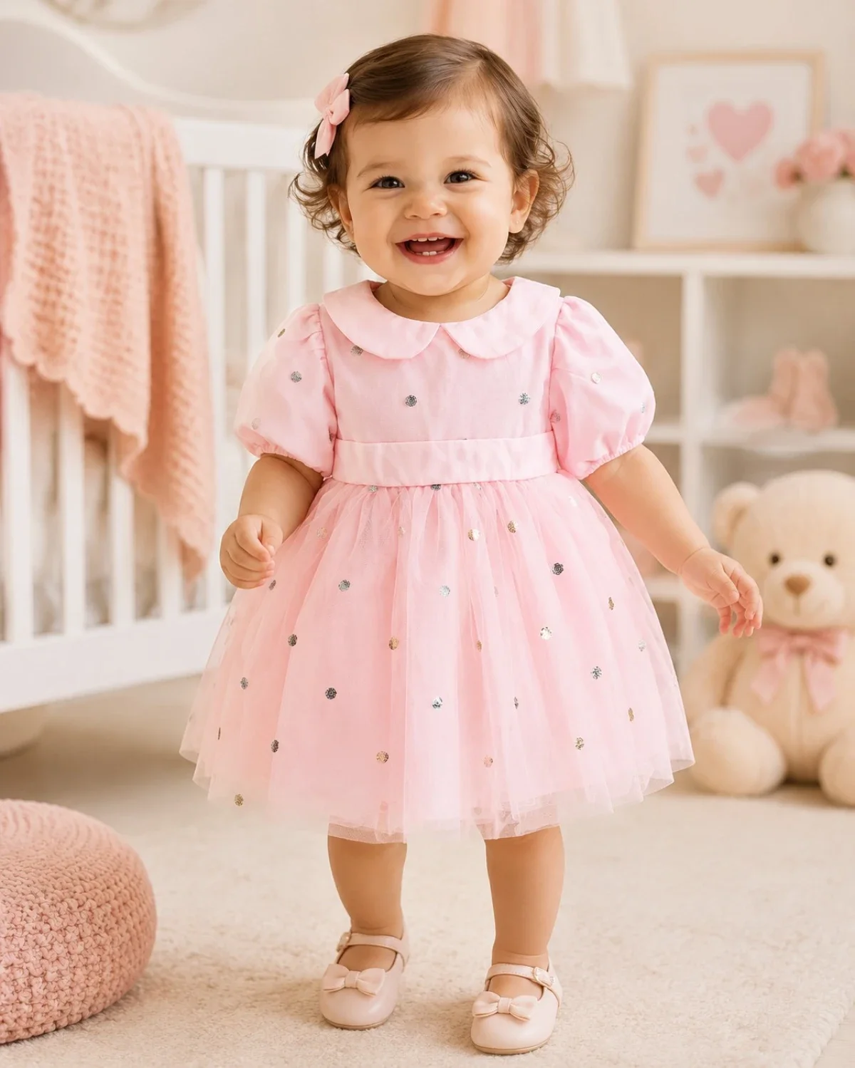 Pink Baby Girl Dress with Tulle Skirt and Foil Dots - Has Bereket - by Peralane