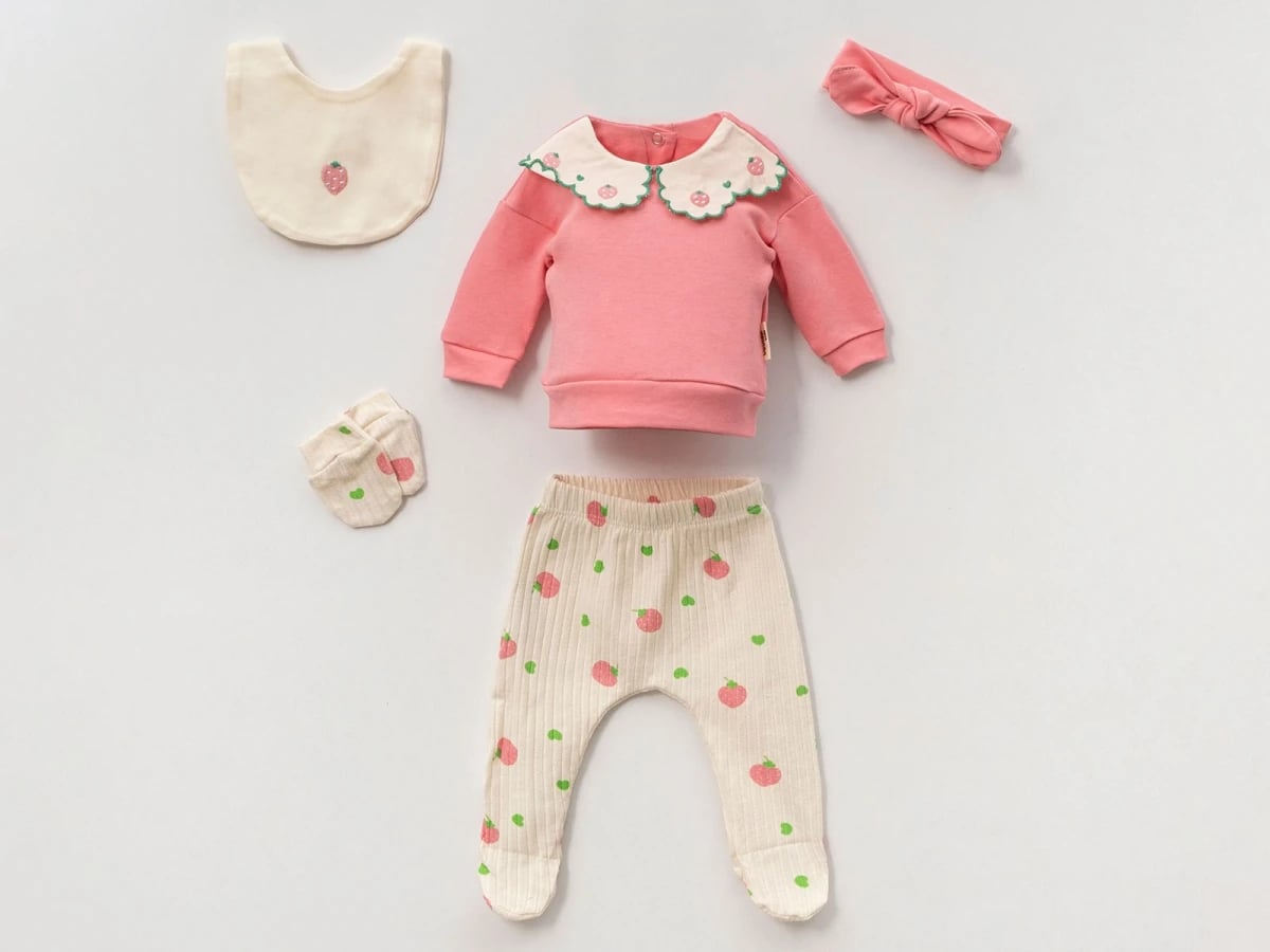 Strawberry Print 2-Piece Baby Girl Set with Bib and Headband - Dusty Pink - Vovido - by Peralane