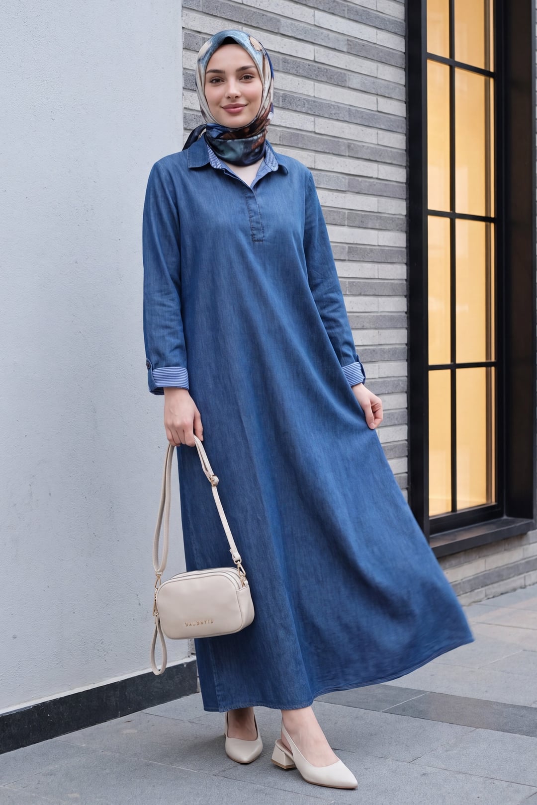Buttoned Collar Pocket Detail Rolled Sleeve Tencel Denim Dress - Navy - Podyumplus - by Peralane