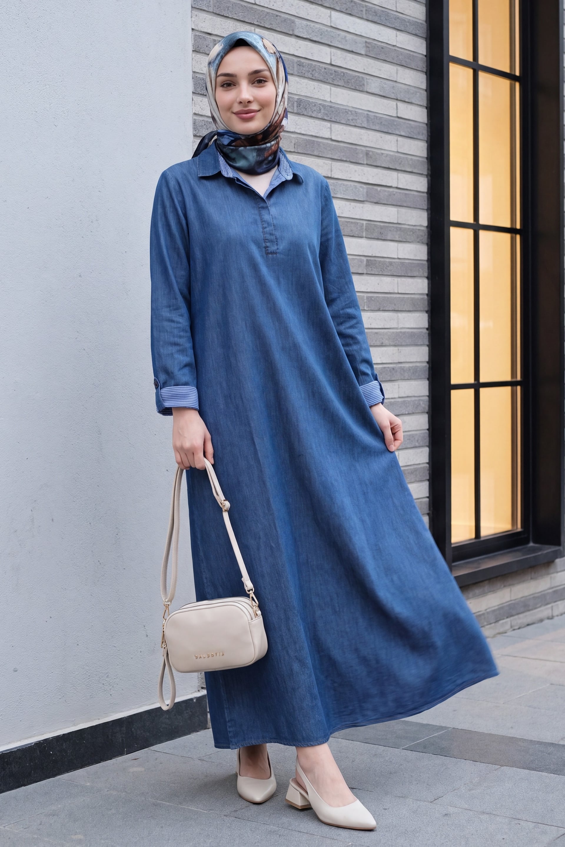Buttoned Collar Pocket Detail Rolled Sleeve Tencel Denim Dress - Navy - Podyumplus - by Peralane