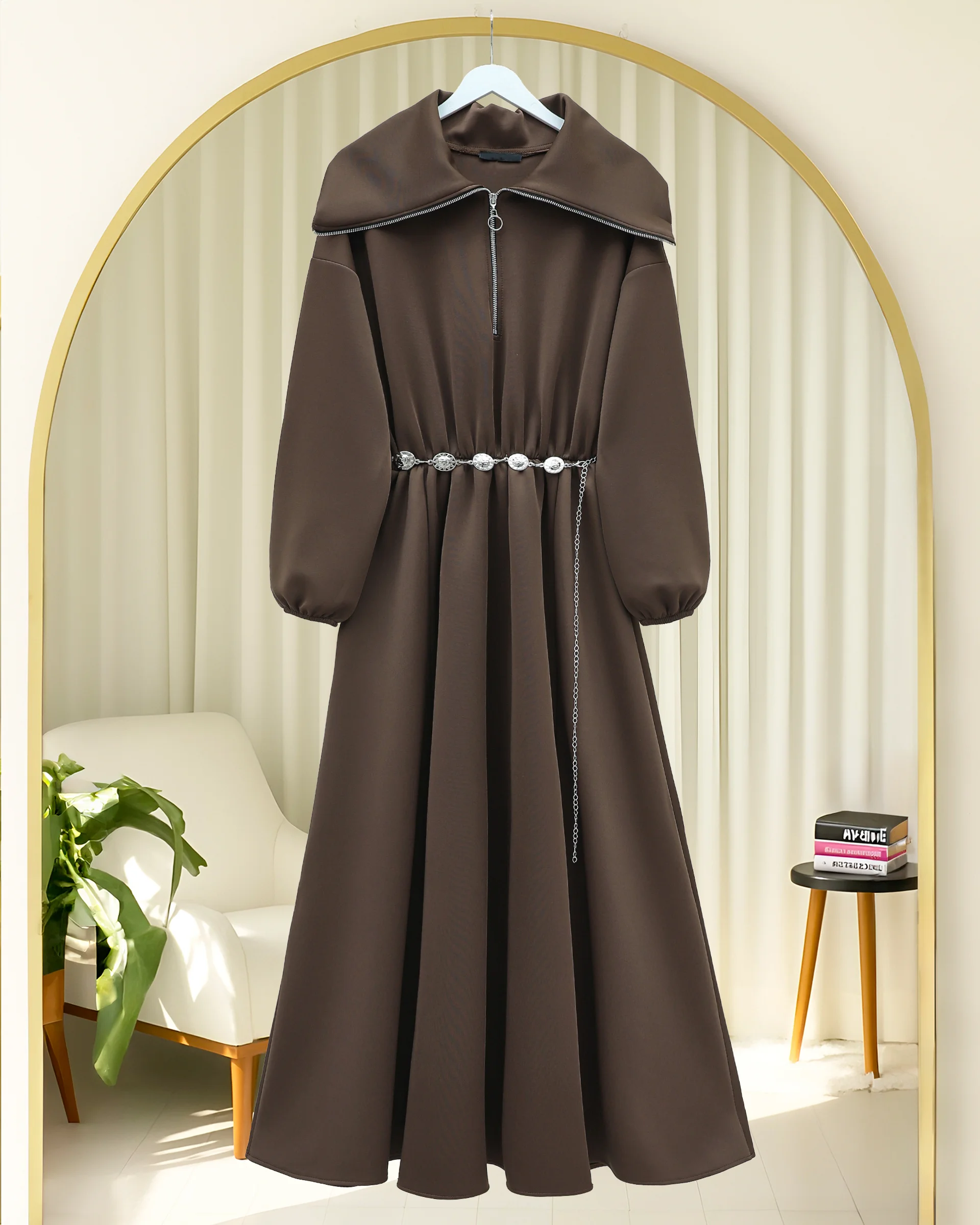 Brown Long-Sleeved Scuba Dress with Half Zip and Belted Waist - Podyumplus - by Peralane - photo 3