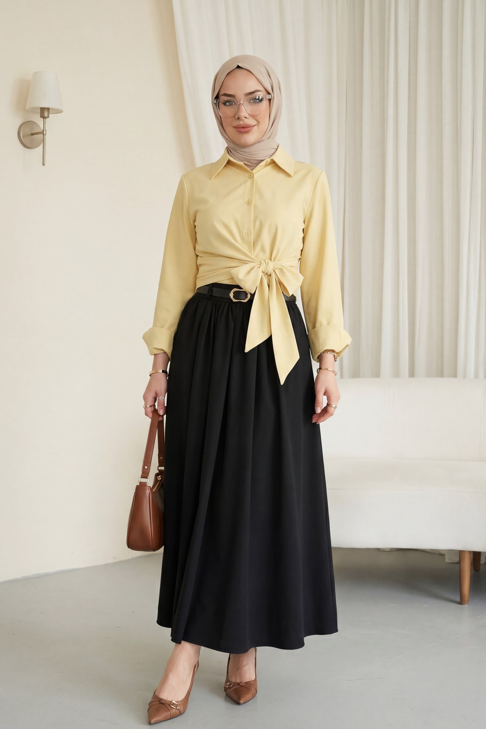Black Pleated Belted Skirt with Side Pockets and Zip - Women's - Podyumplus - by Peralane - photo 3