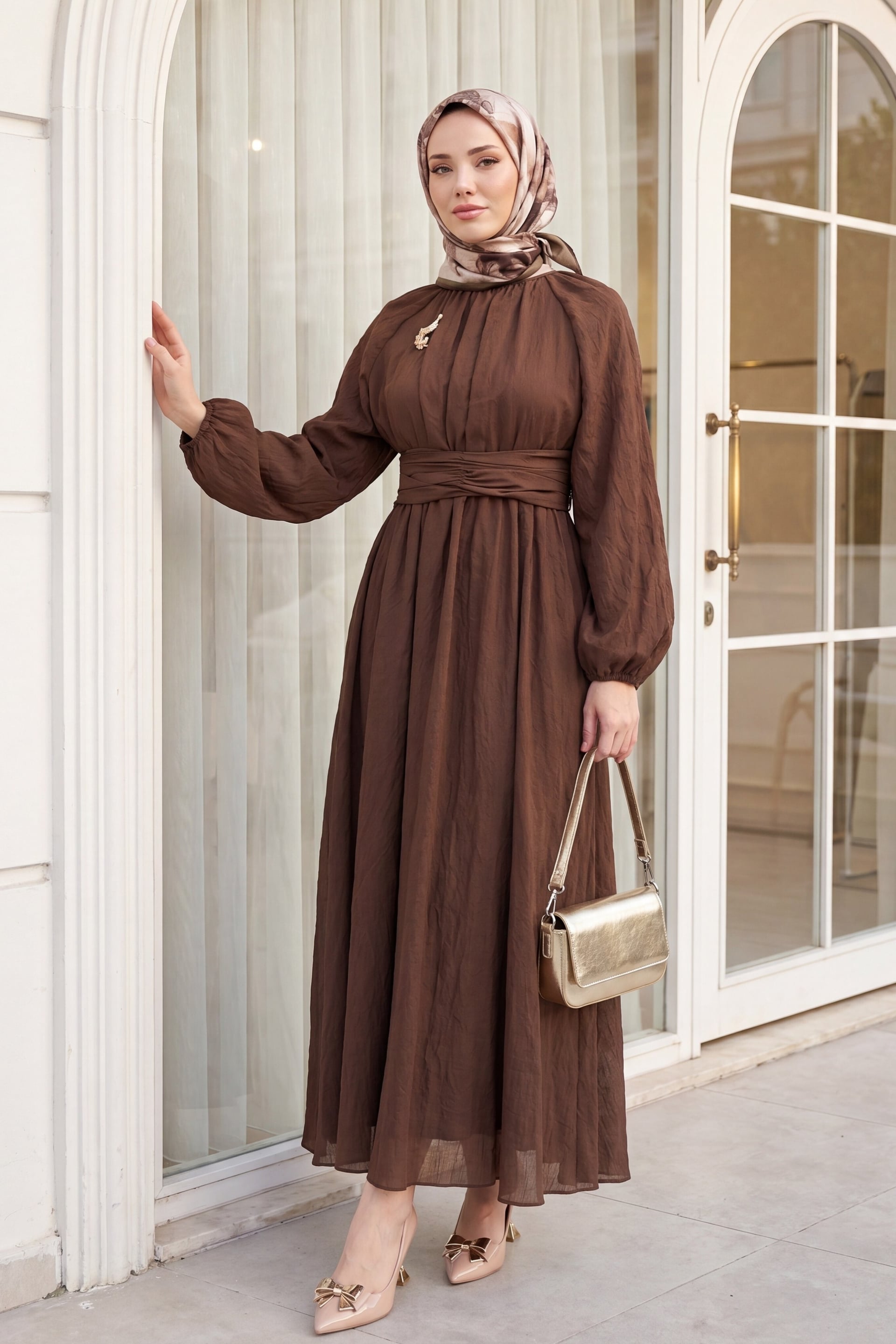 Belted Linen Look Dress with Brooch - Dark Brown - Podyumplus - by Peralane - photo 2