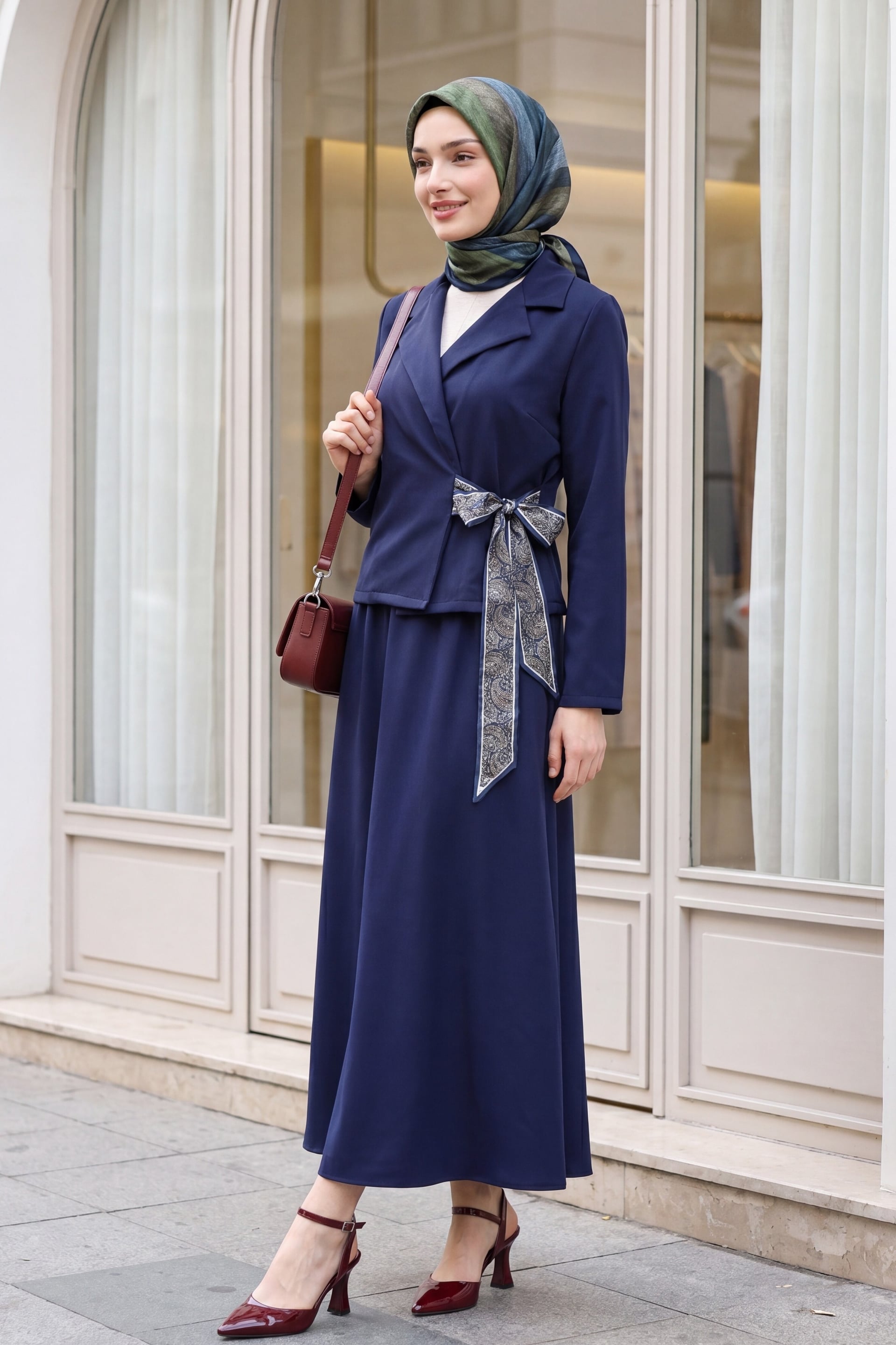Women's Navy Blue Wrap Blazer and A-Line Skirt Co-ord Set - Podyumplus - by Peralane - photo 2
