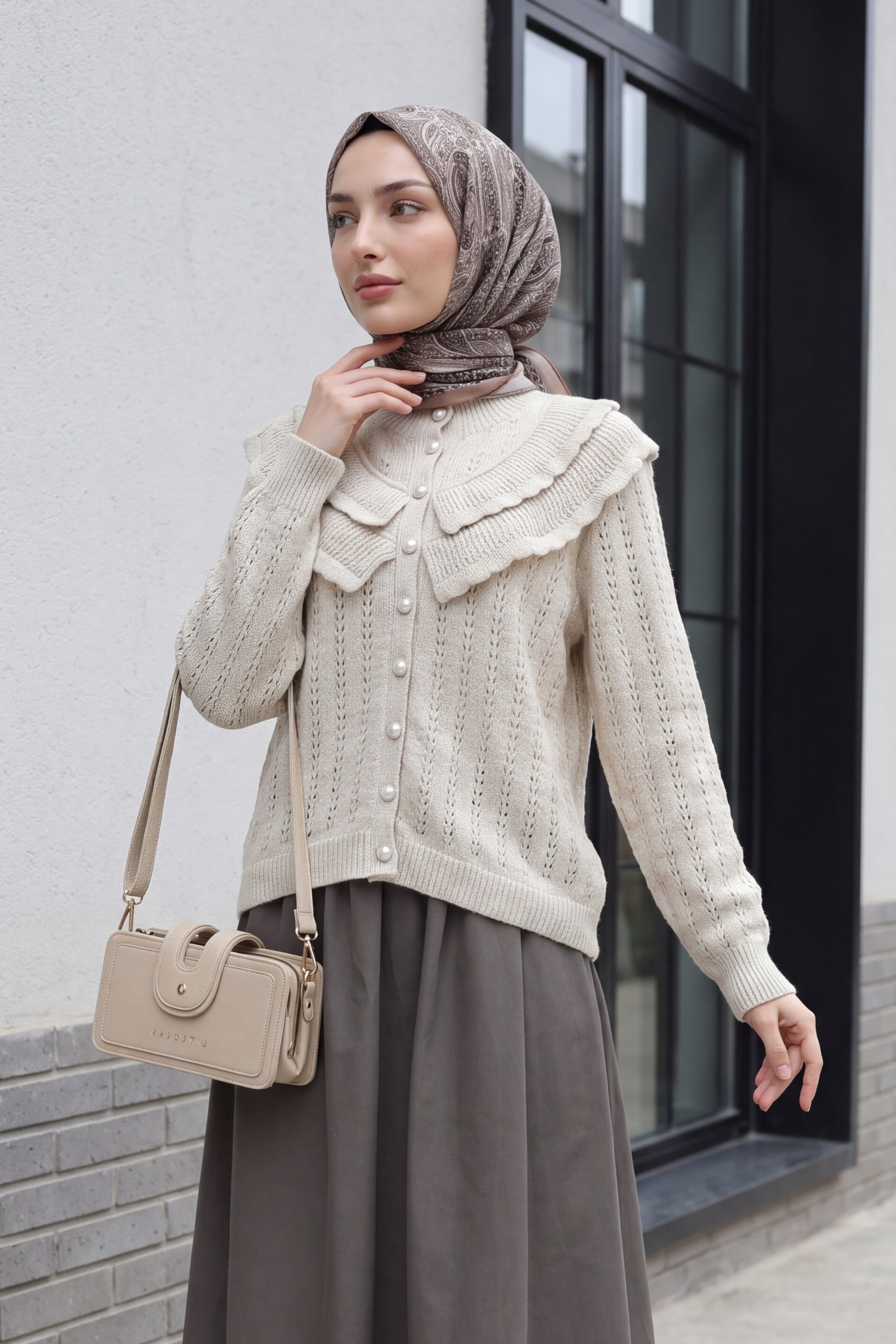 Stone Color Women's High Collar Ruffled Openwork Knit Cardigan - Podyumplus - by Peralane