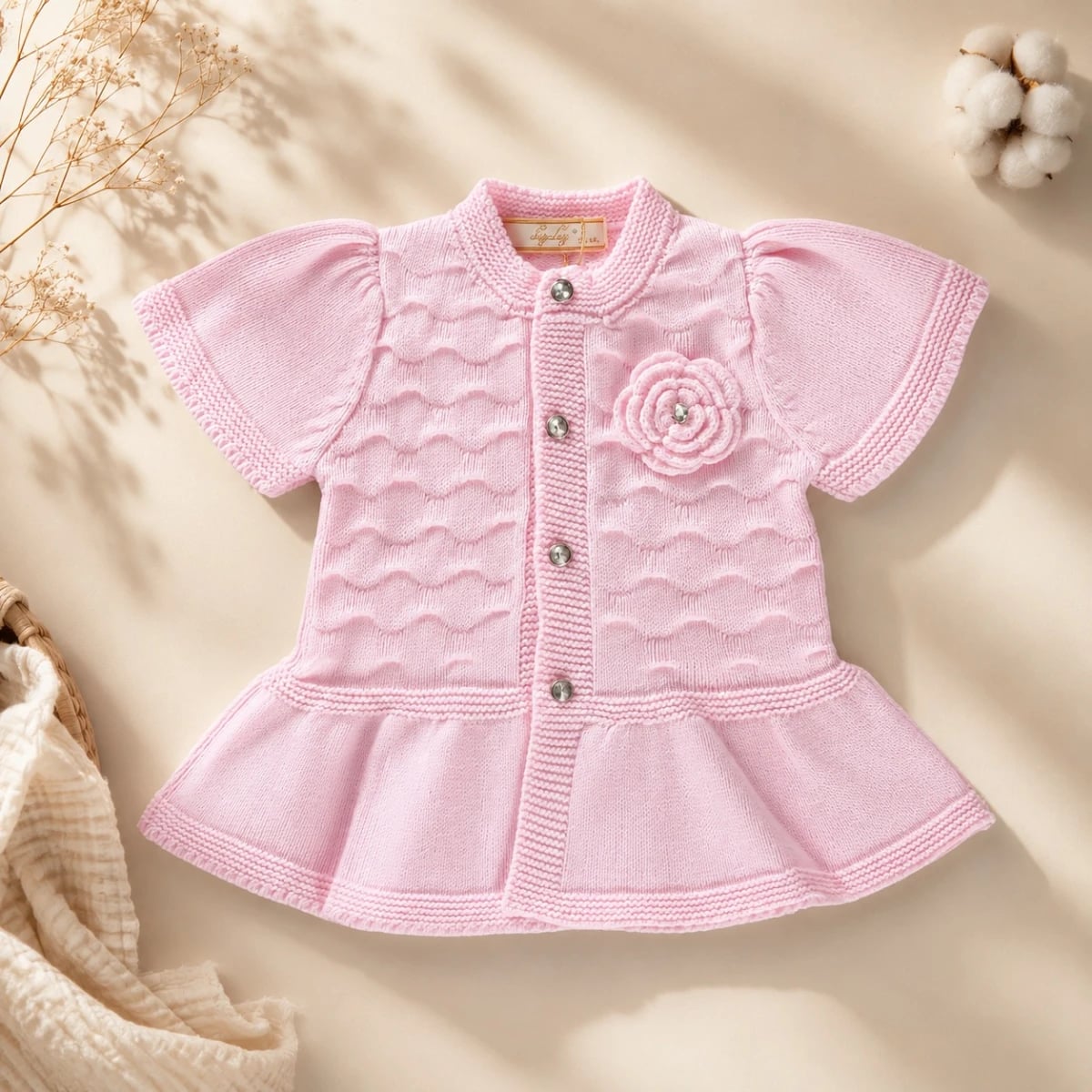 Baby Girl Pink Knitted Cardigan with Flower Appliqué - Pack of 3 - Has Bereket - by Peralane