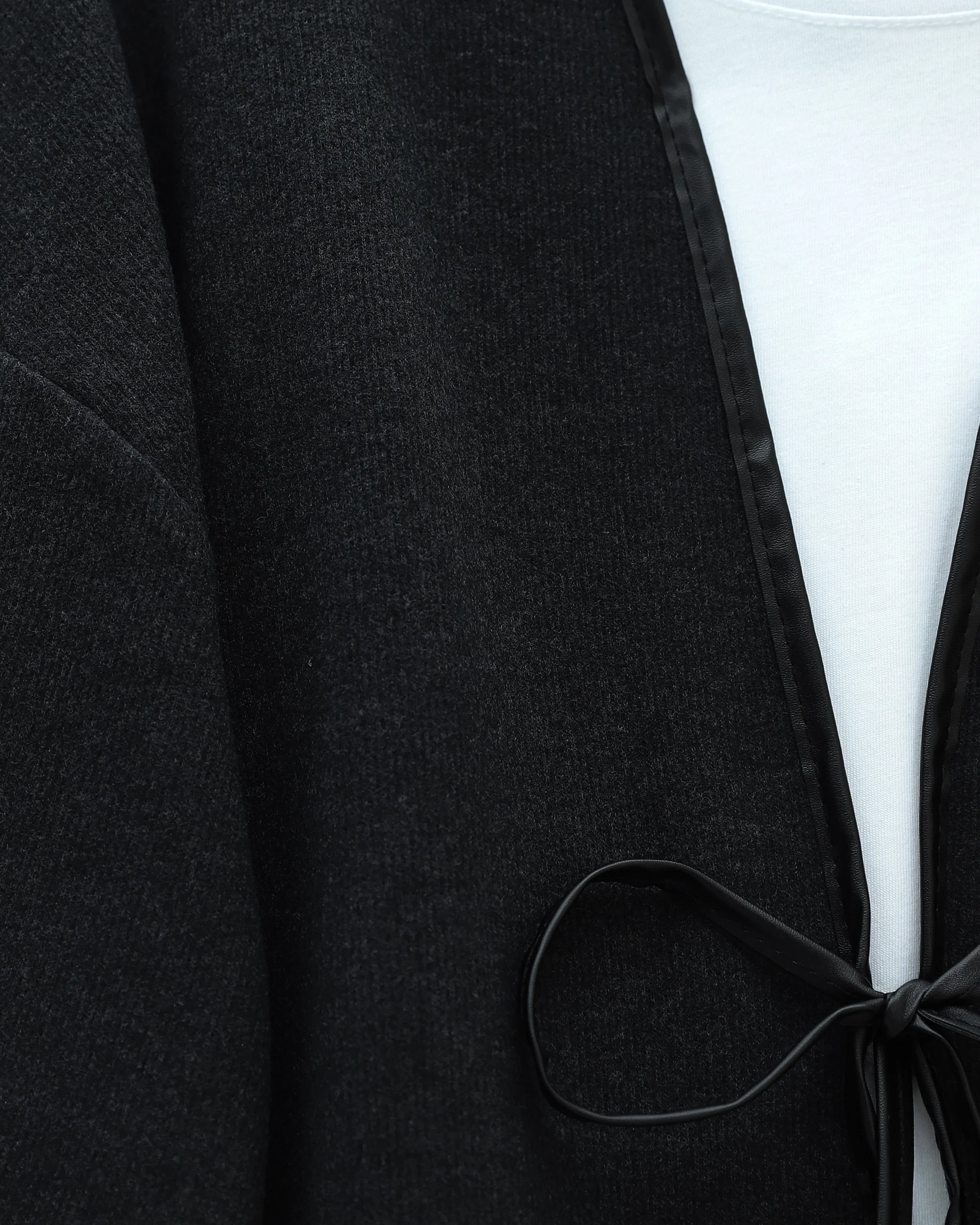 Black Tie-Front Kimono with Faux Leather Trim - Podyumplus - by Peralane - photo 3