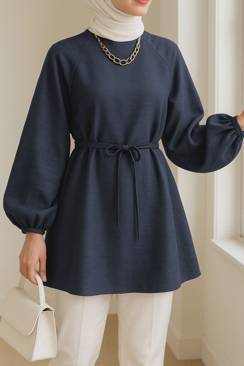 Round Neck Tie Waist Balloon Sleeve Tunic - Dark Navy - Podyumplus - by Peralane - photo 5