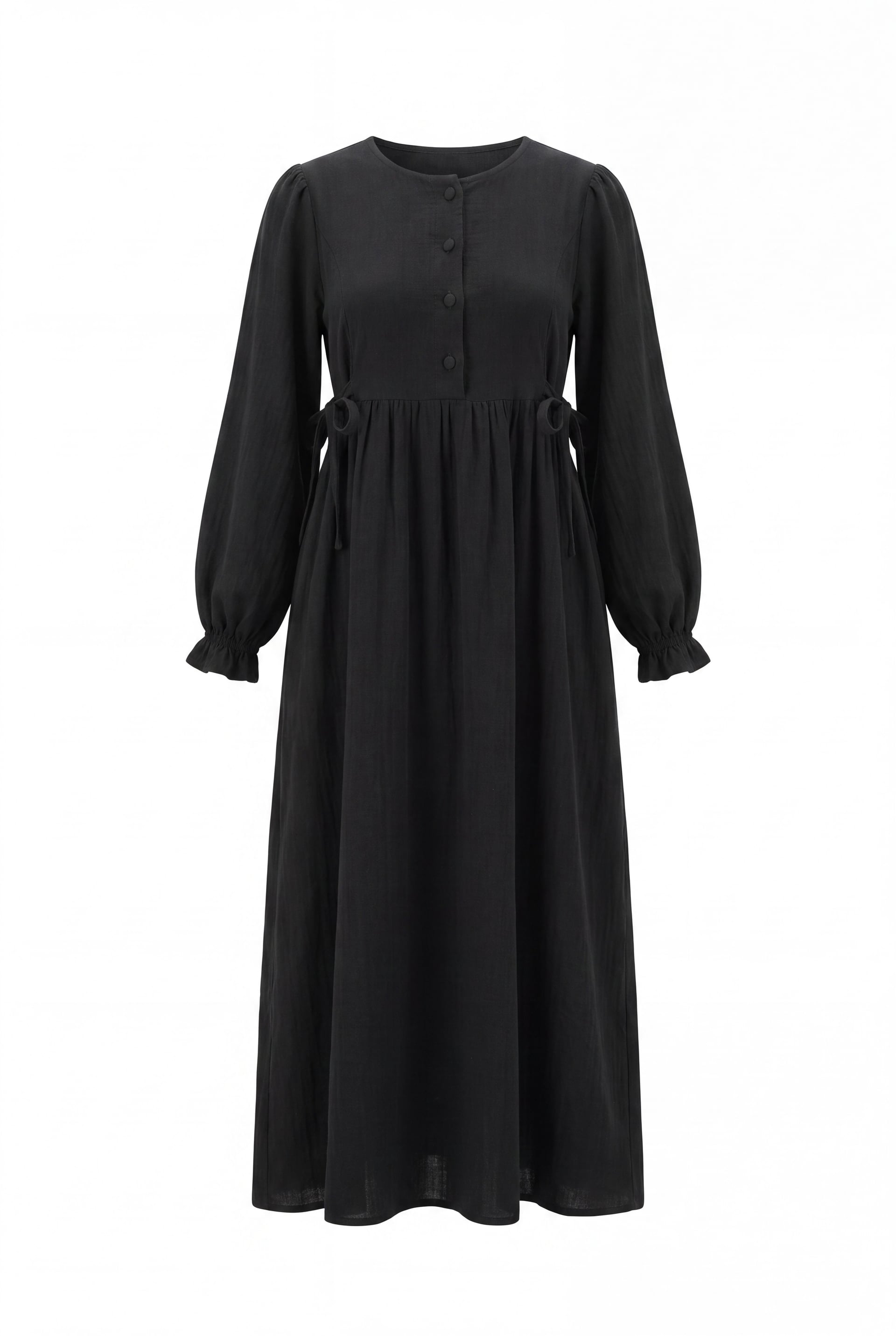 Half Button Long Sleeve Tie Waist Muslin Dress - Black - Podyumplus - by Peralane - photo 2