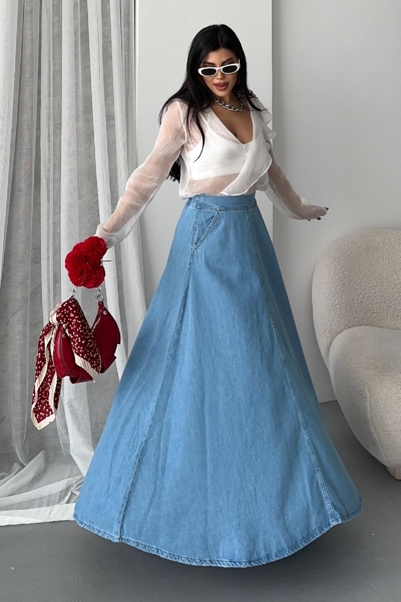 Diana Denim Maxi Skirt with Flounce - Mid Blue - Xlove - by Peralane - photo 5