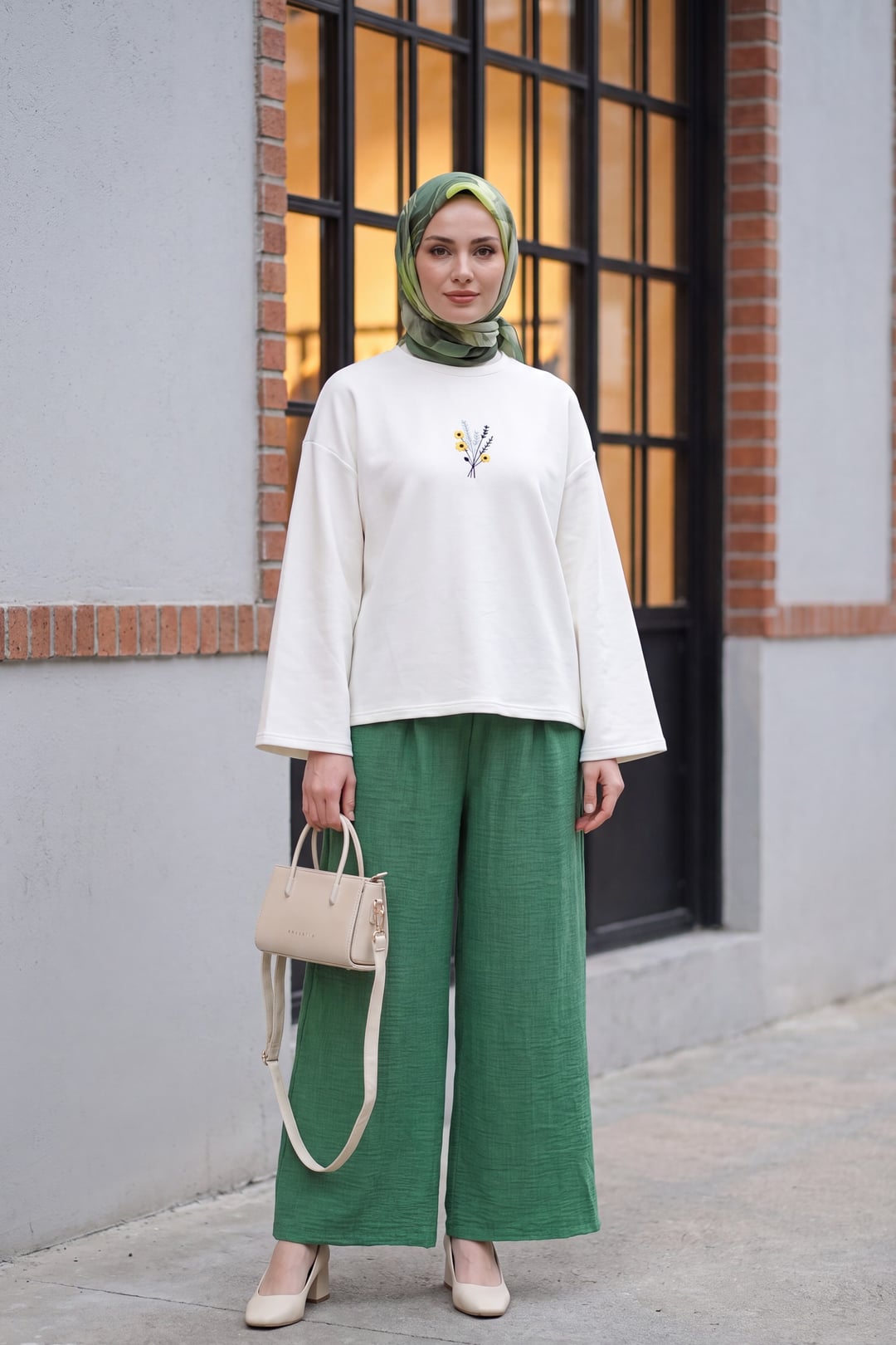 Elasticated Waist Wide-Leg Pleated Linen-Look Trousers - Green - Podyumplus - by Peralane - photo 3