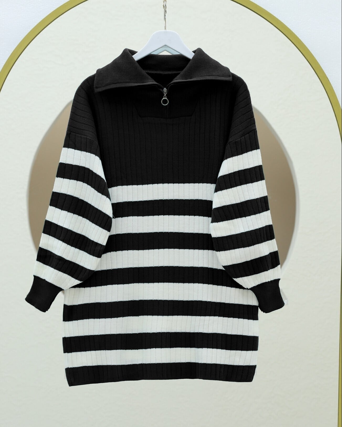 Ribbed Half-Zip Tunic Dress with Striped Skirt - Black/White - Podyumplus - by Peralane - photo 3