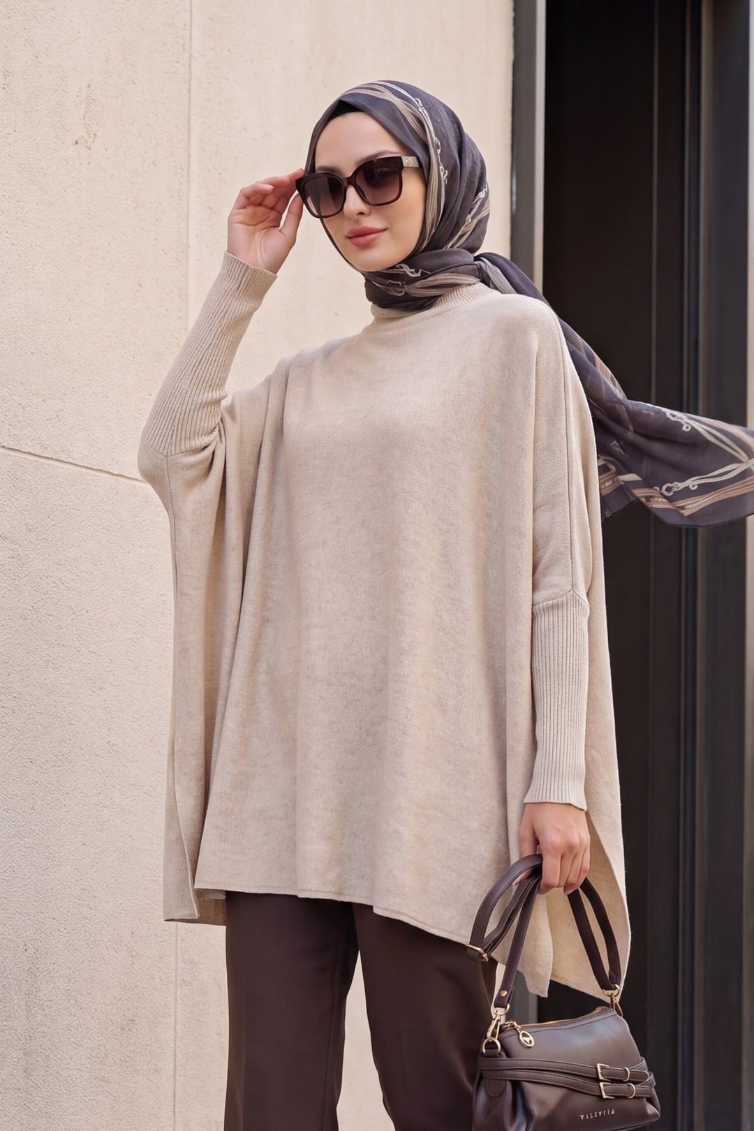 Side Slit Oversize Poncho Knit Sweater - Beige - Bigdart - by Peralane - photo 2