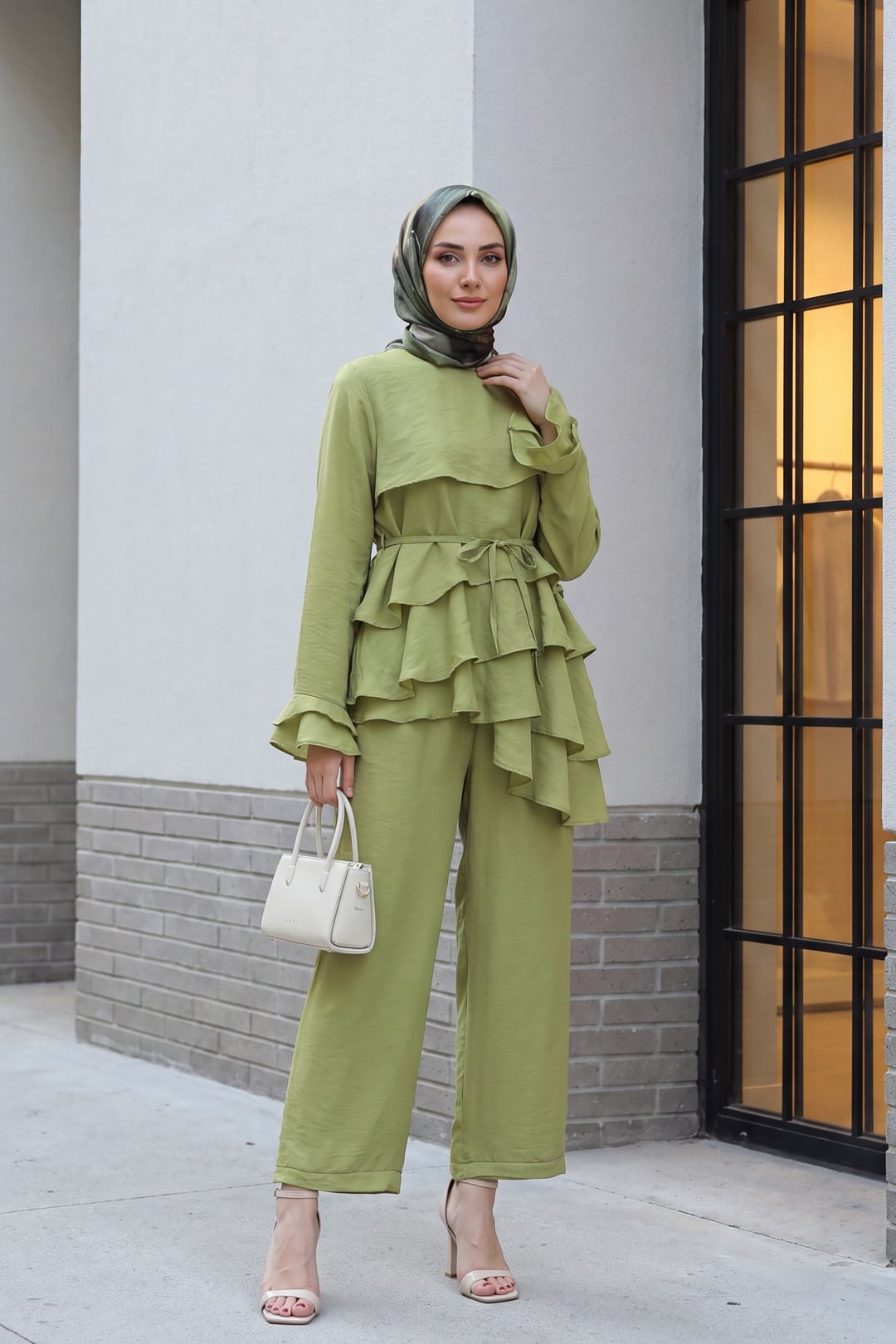 Asymmetric Layered Lace-Up Trousers Lined Cupra Set - Light Green - Podyumplus - by Peralane - photo 2