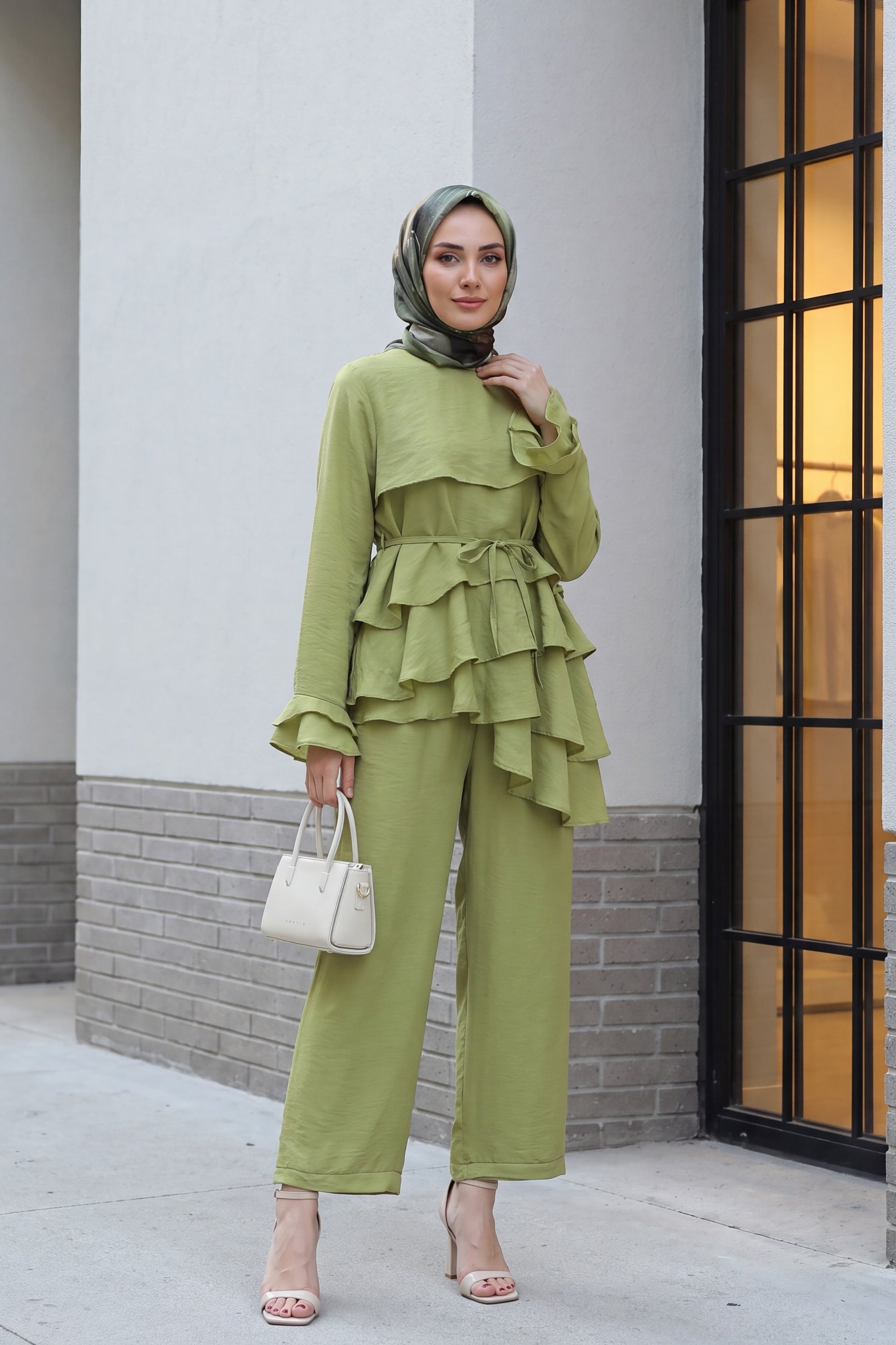Asymmetric Layered Lace-Up Trousers Lined Cupra Set - Light Green - Podyumplus - by Peralane - photo 2