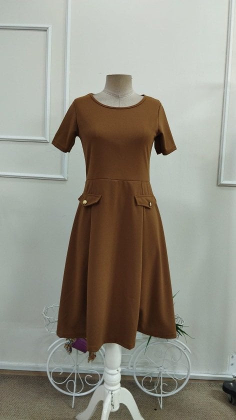 Women's Short Sleeve Crew Neck Pocket Detail Midi Crepe Dress - Janes - by Peralane - photo 6