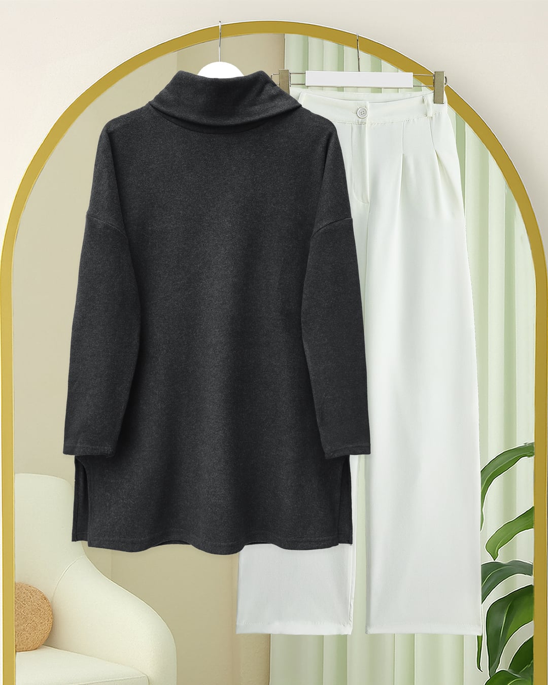 High Neck Slit Selanik Tunic - Anthracite - Podyumplus - by Peralane - photo 5