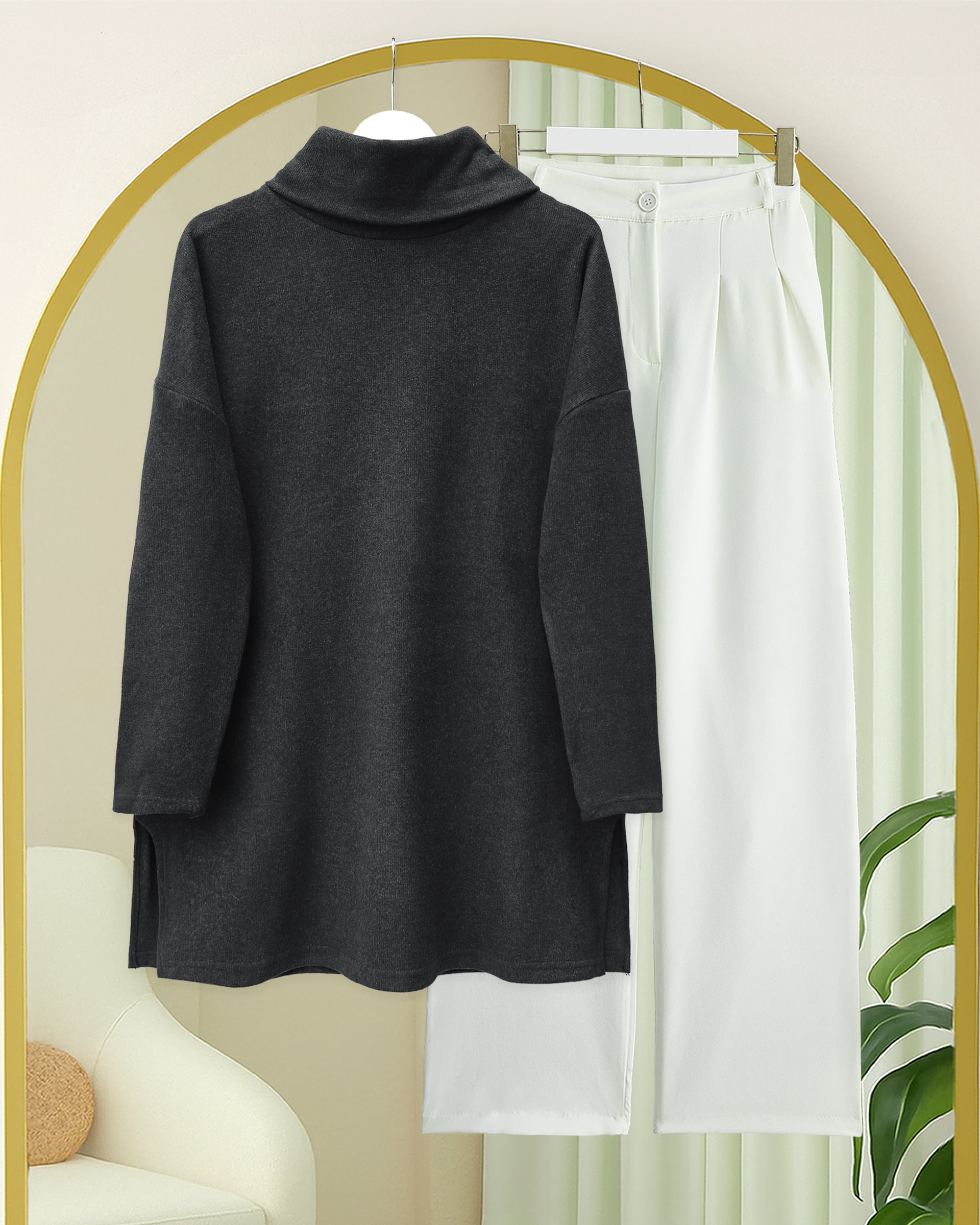 High Neck Slit Selanik Tunic - Anthracite - Podyumplus - by Peralane - photo 5