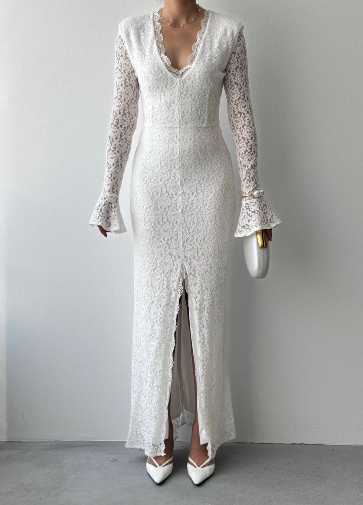 Ecru Lace V-Neck Long Bell Sleeve Dress - Etika - by Peralane - photo 2