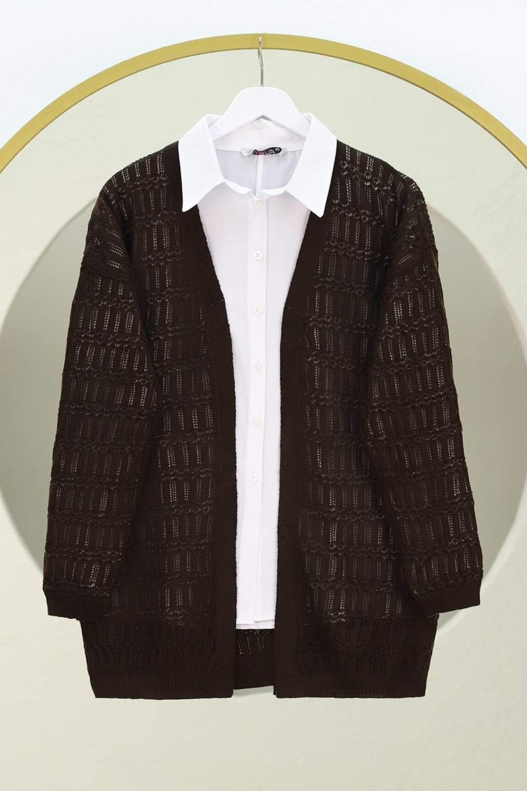 Open-Front Textured Knit Cardigan - Dark Brown - Podyumplus - by Peralane - photo 2