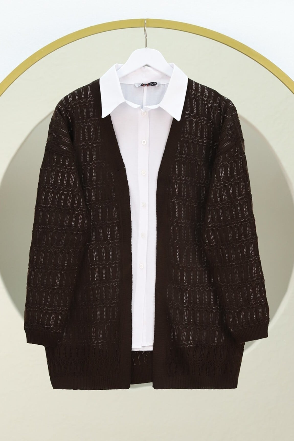 Open-Front Textured Knit Cardigan - Dark Brown - Podyumplus - by Peralane - photo 2