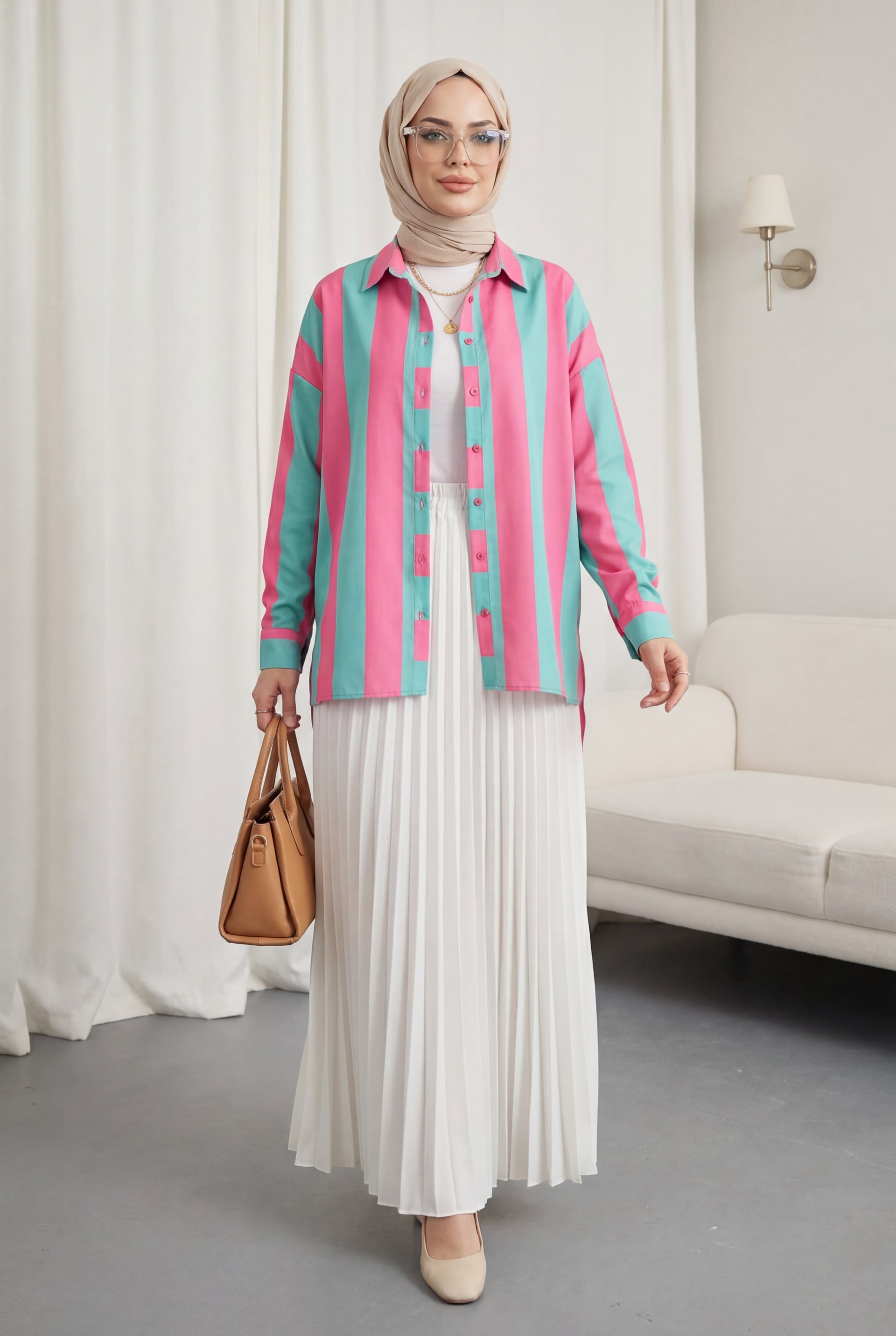 Bold Stripe Button-Up Blouse - Mint Green - Podyumplus - by Peralane - photo 2