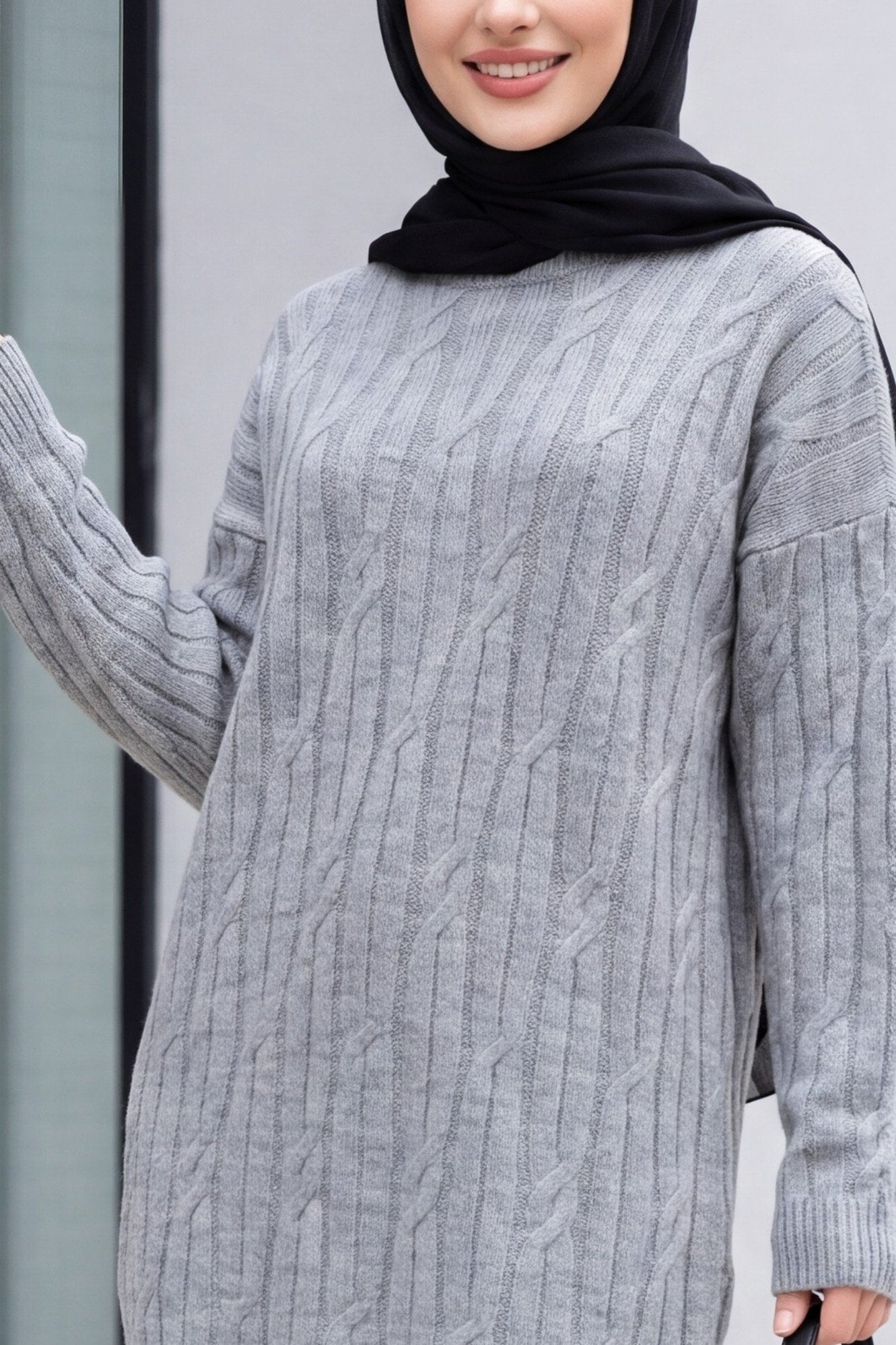 Crew Neck Patterned Knit Tunic - Grey - Podyumplus - by Peralane - photo 6