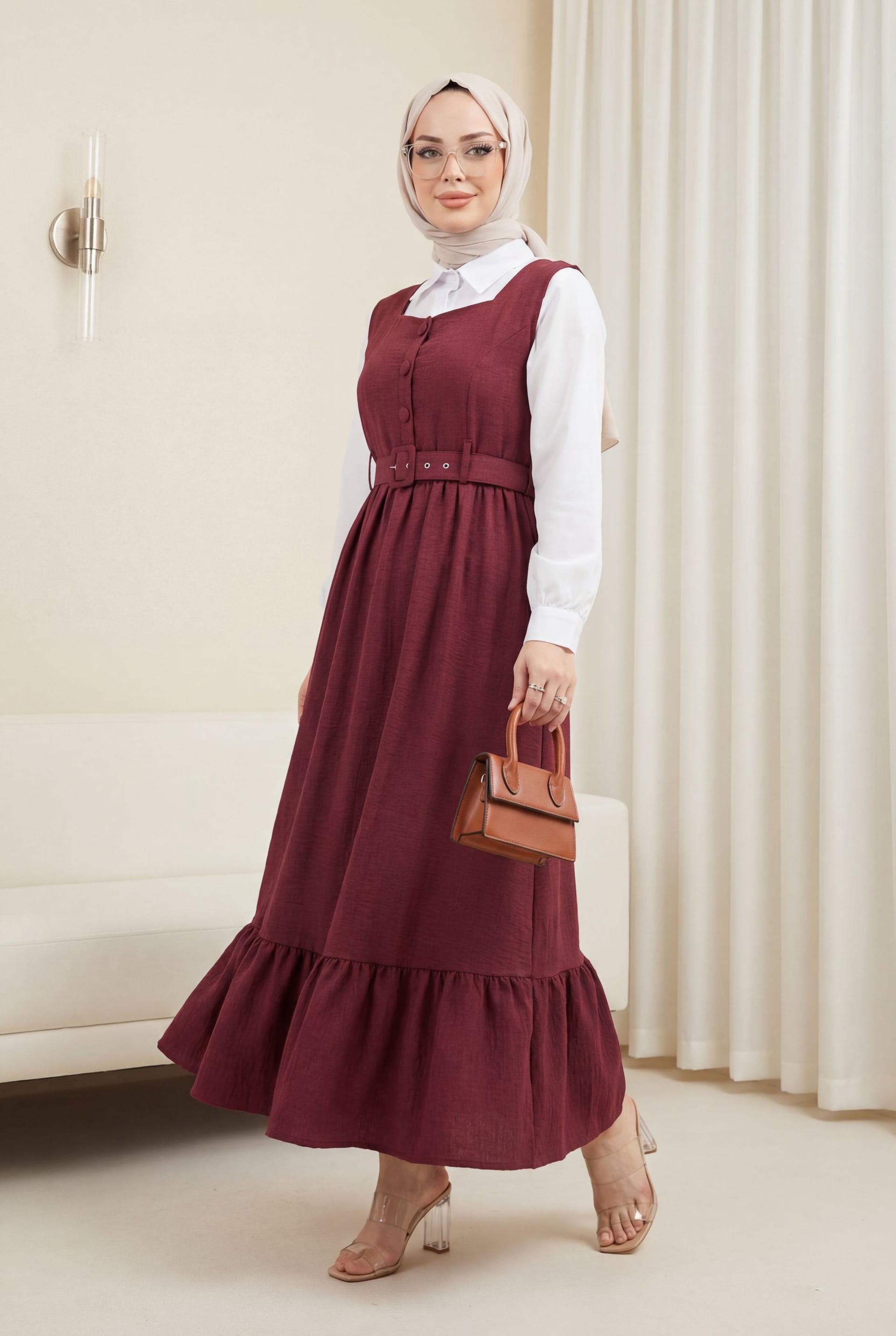 Button-Front Frilled-Hem Belted Jile Dress - Maroon - Podyumplus - by Peralane - photo 5