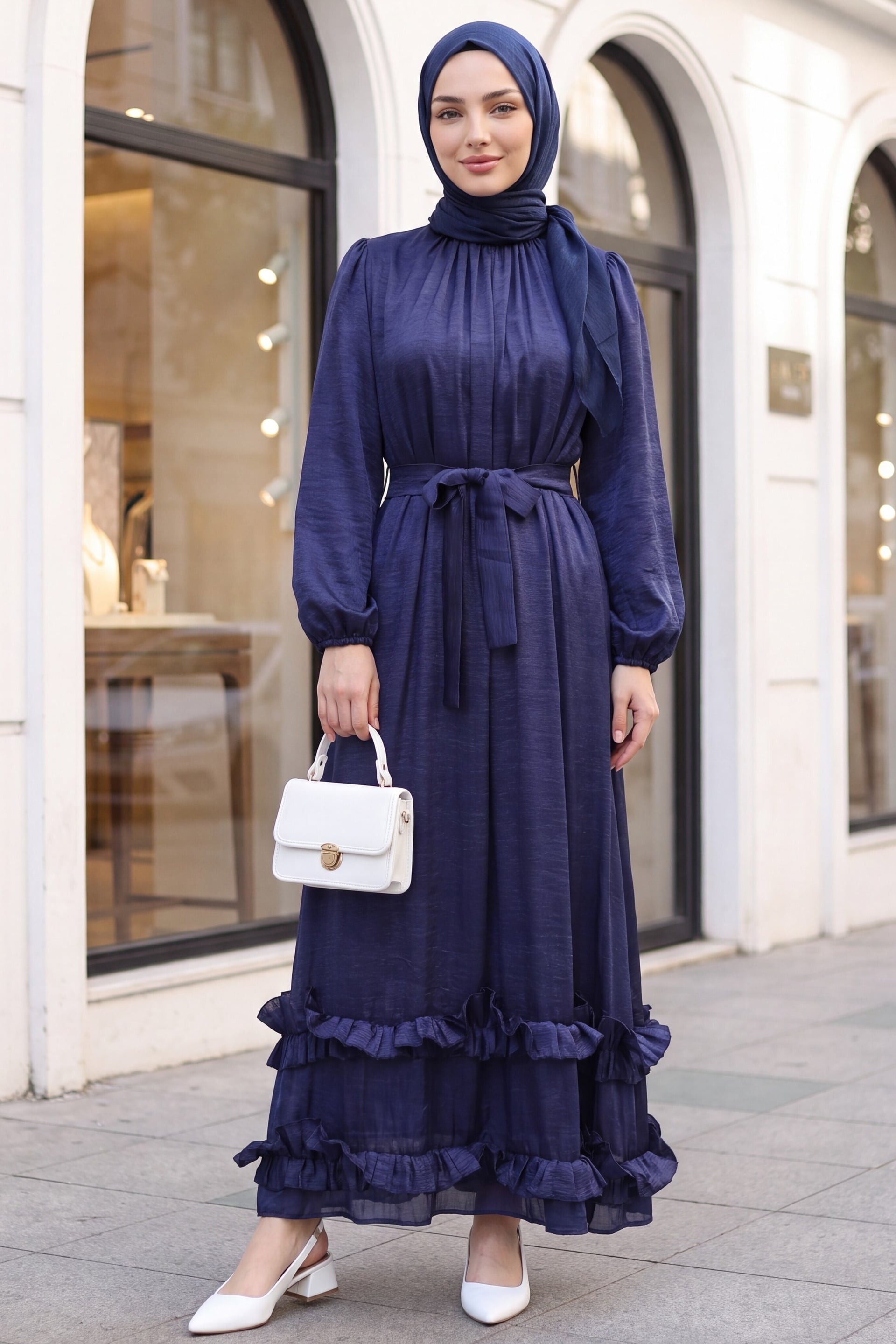 Long Navy Blue Crinkle Crepe Dress with Ruffled Collar and Hem - Podyumplus - by Peralane
