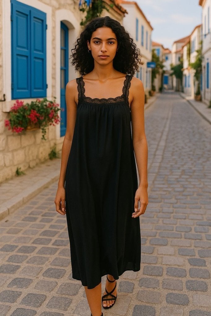 Women's Black Lace Strap Square Neck Viscose Night Dress - Janes - by Peralane - photo 2