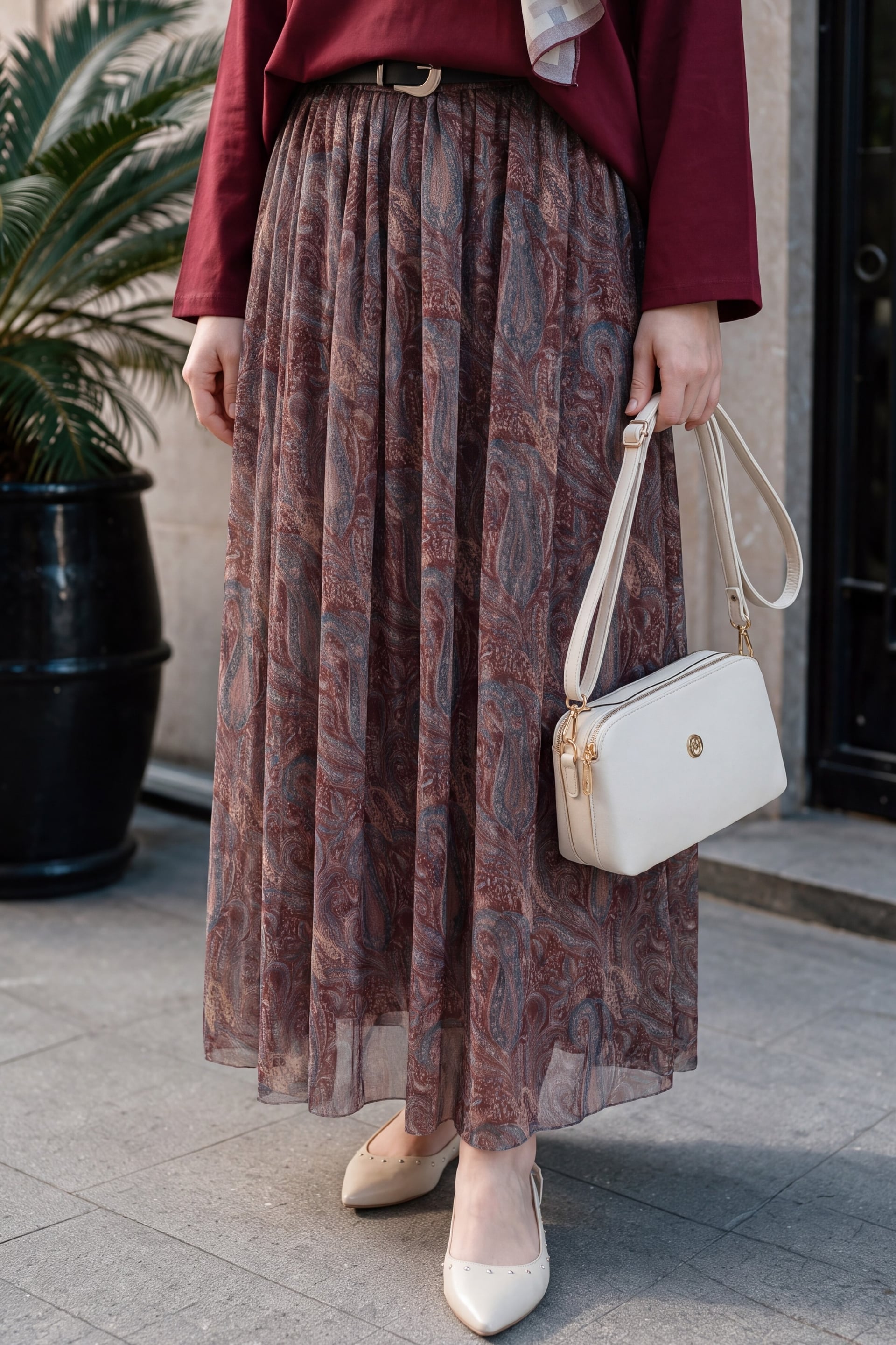Burgundy Patterned Tulle Maxi Skirt with Elastic Waist and Belt | Peralane - Podyumplus - by Peralane - photo 2