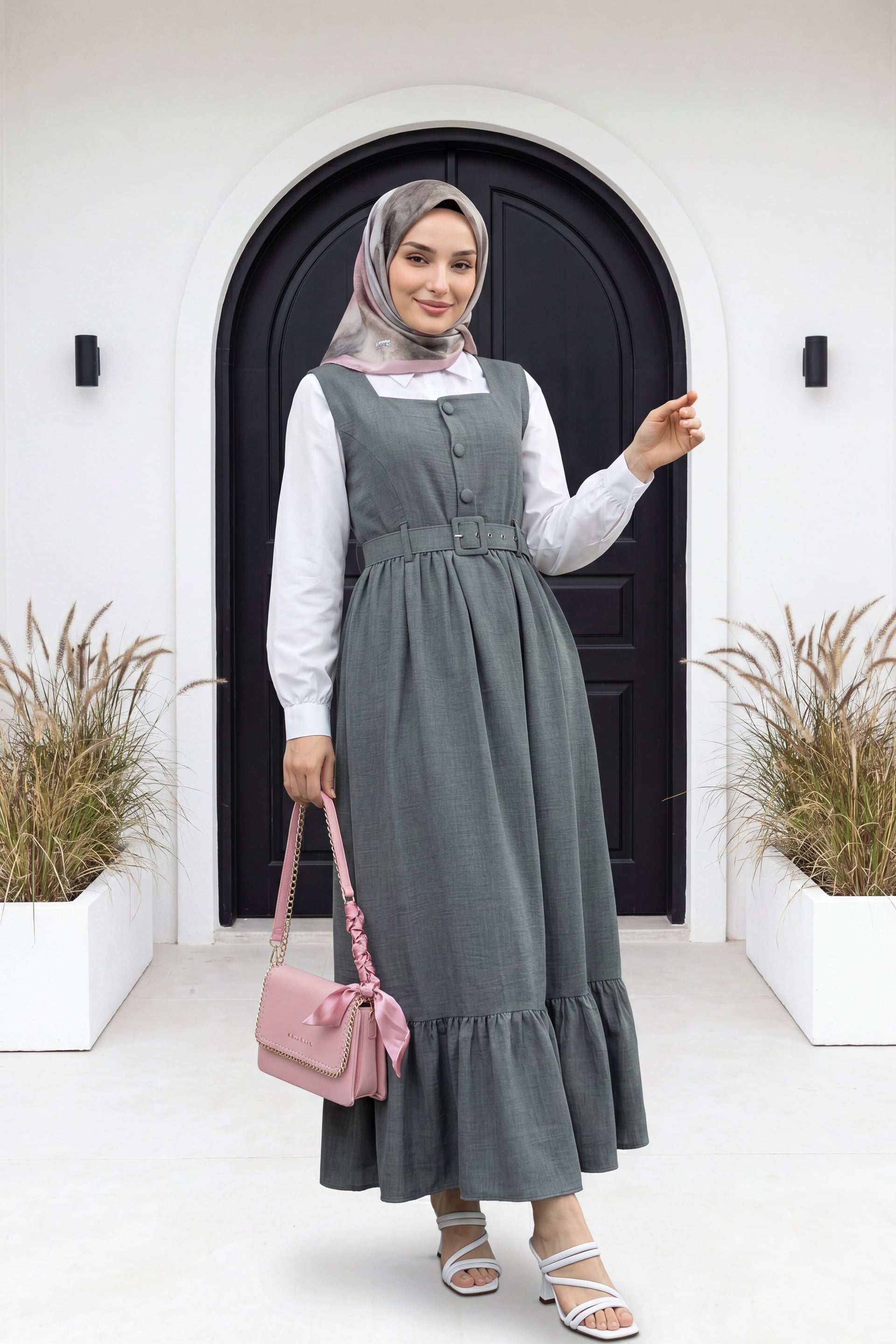 Top Buttoned Frilled Hem Belted Jile Dress - Smoke - Podyumplus - by Peralane - photo 2