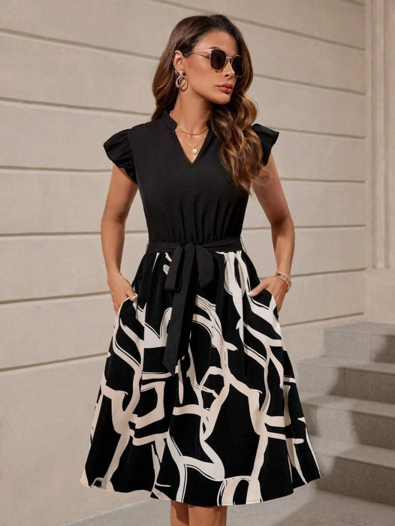 Women's V-Neck Short Sleeve Dress with Ruffled Bodice and Printed Skirt - Janes - by Peralane - photo 3