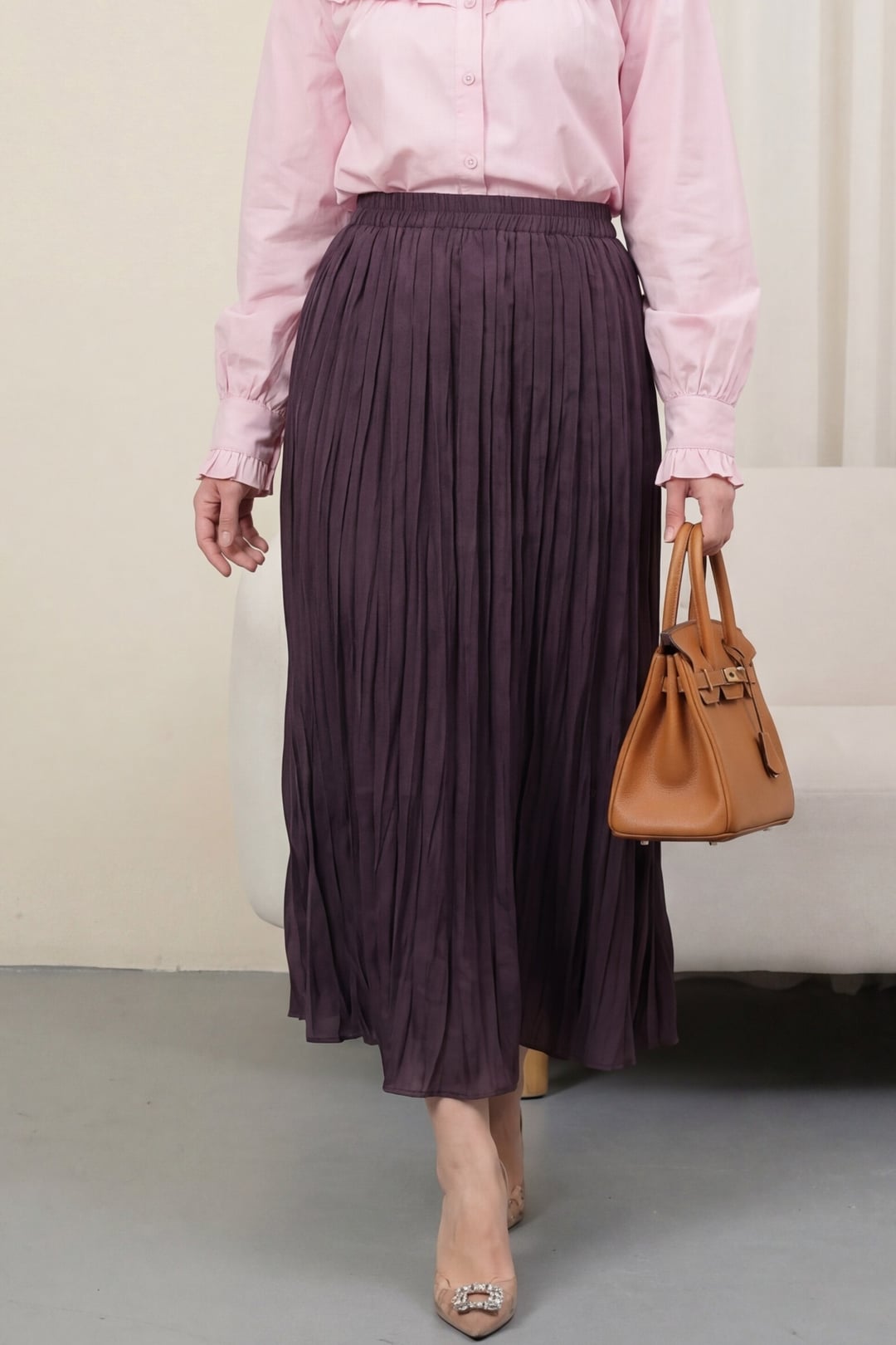 Elasticated Waist Pleated Skirt in Plum - Podyumplus - by Peralane - photo 3