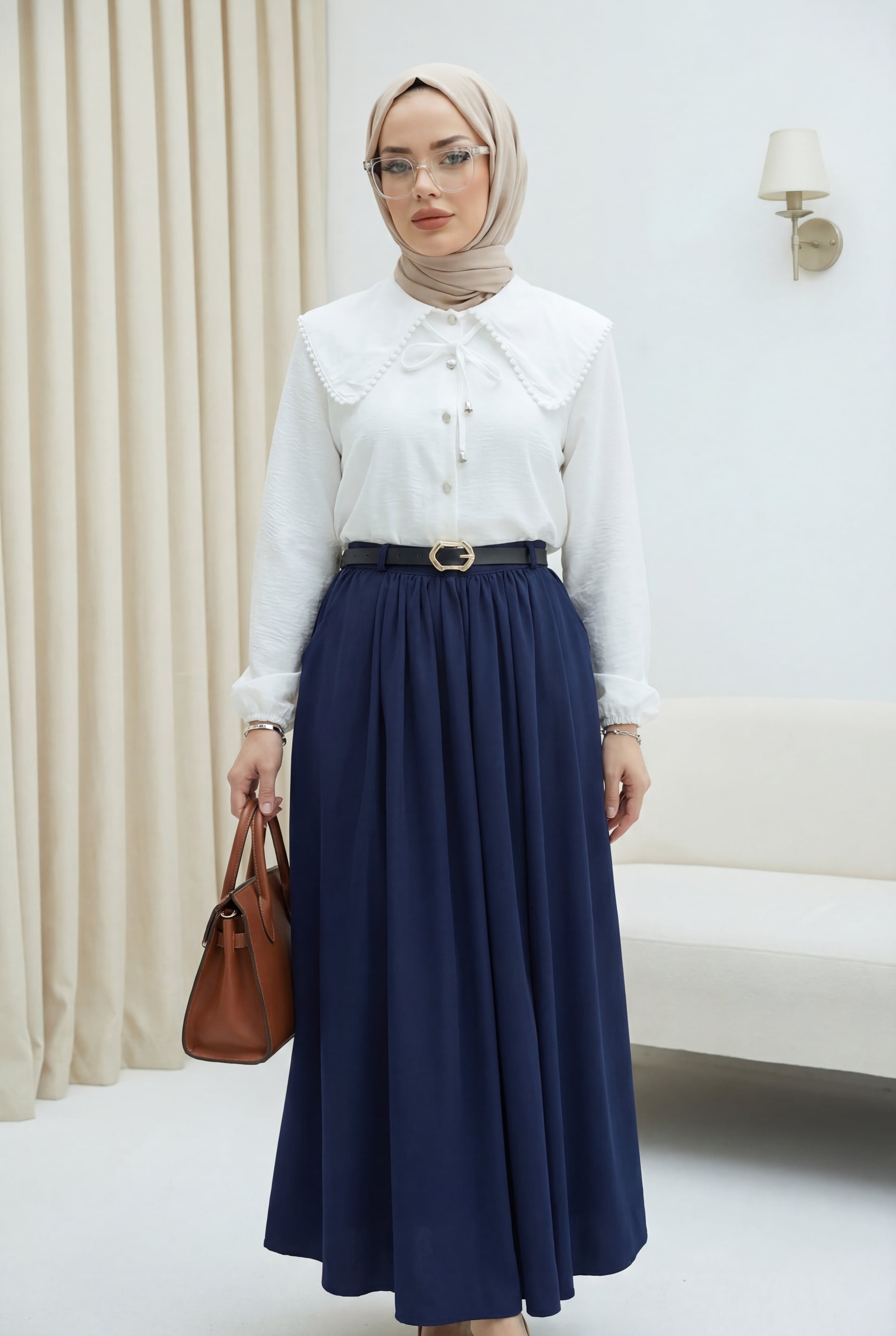 Pleated Tweed Skirt with Buckle Belt and Side Pockets - Navy - Podyumplus - by Peralane - photo 5